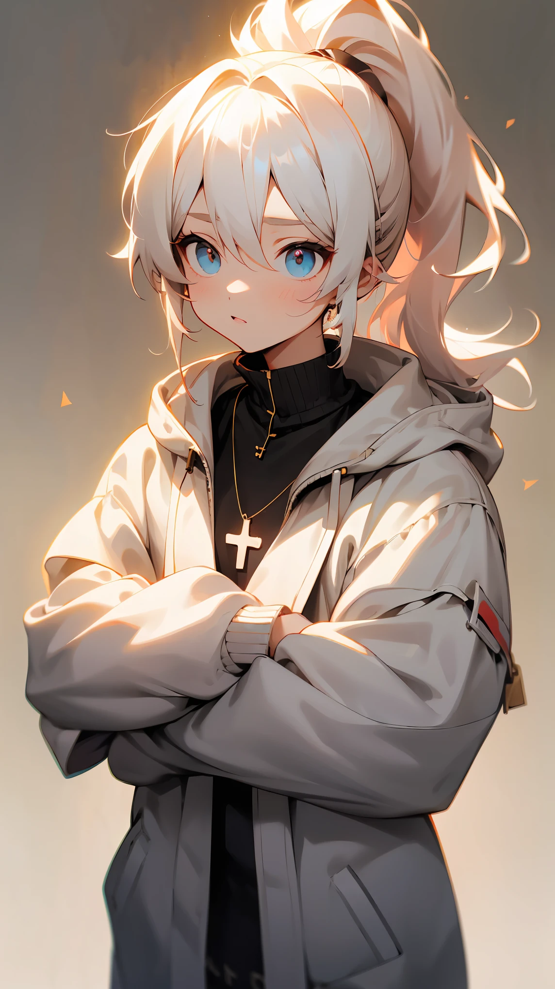 黑色和White的头发,Golden pupils,High Ponytail,Pointed ears,Dark eyeshadow,Beige coat,Black chest strap,Cross necklace,There are bandages and scars on it,The lower body is a sportswear wrapped around the waist,Short skirt,White,One long and one empty,Leg ring,Pink sneakers,stand up,Cross your arms in front of your chest,Royal sisters,Slim body