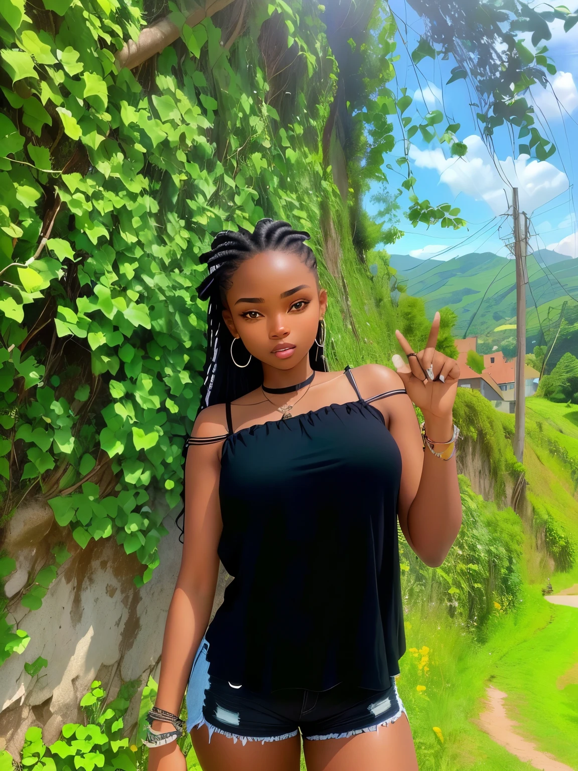 there is a black woman in a black top and shorts, natural beauty, photo shoot, she is about 16 years old, with a cool pose, background is heavenly, on a bright day, smooth in _ the background, in style of nadine ijewere, casual pose, cool pose, in the hillside, with the sun shining on it