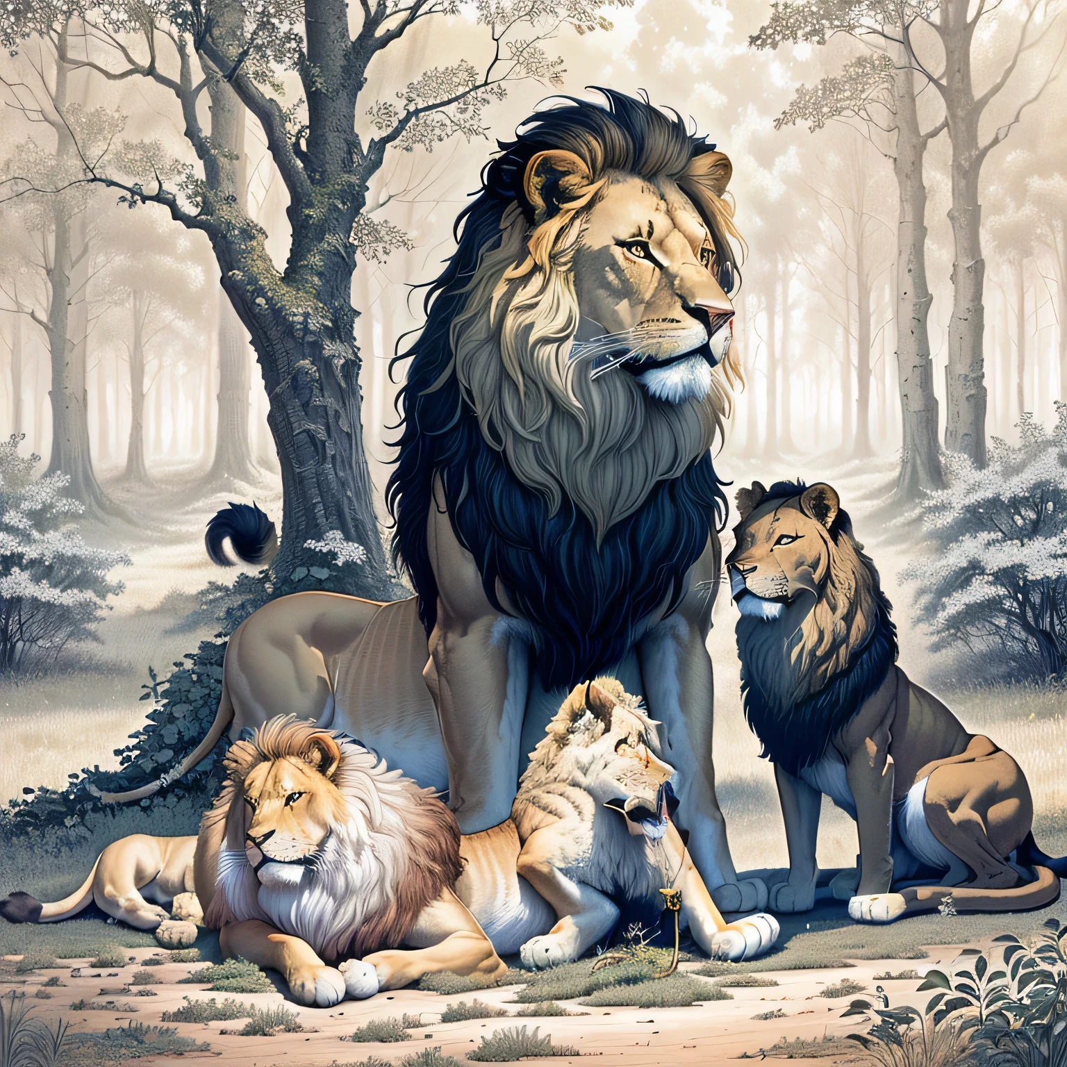 drawing of a lion and a dog in a forest with trees, by Peter de Sève, highly detailed fine art, by Joop Sanders, inspired by Laurie Lipton, lion in a meadow with hornbeam, by Sava Šumanović, laurie lipton and michael whelan, cerberus, by Pogus Caesar, by Hans von Bartels