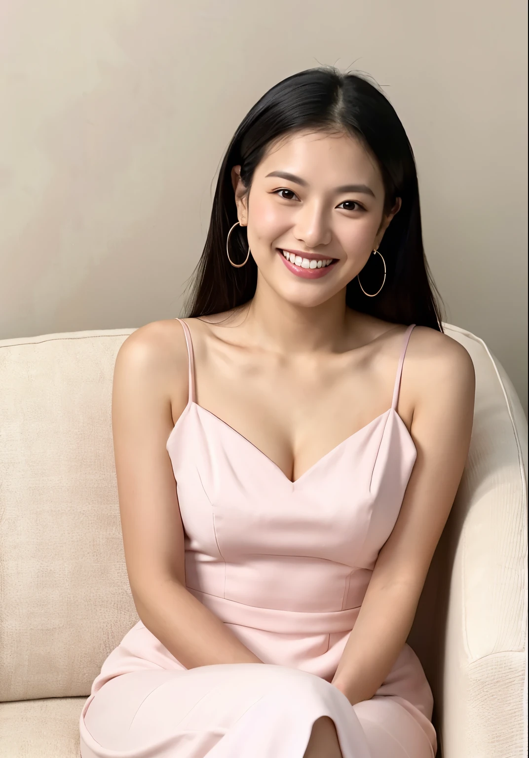 araffe woman in a pink dress sitting on a white couch, cute seductive smile, cindy avelino, 2 , ruan jia beautiful!, dilraba dilmurat, 2 8 years old smile, 2 9 years old, friendly mile, with a seductive smile, joy ang, 2 3 years old, 2 2 years old