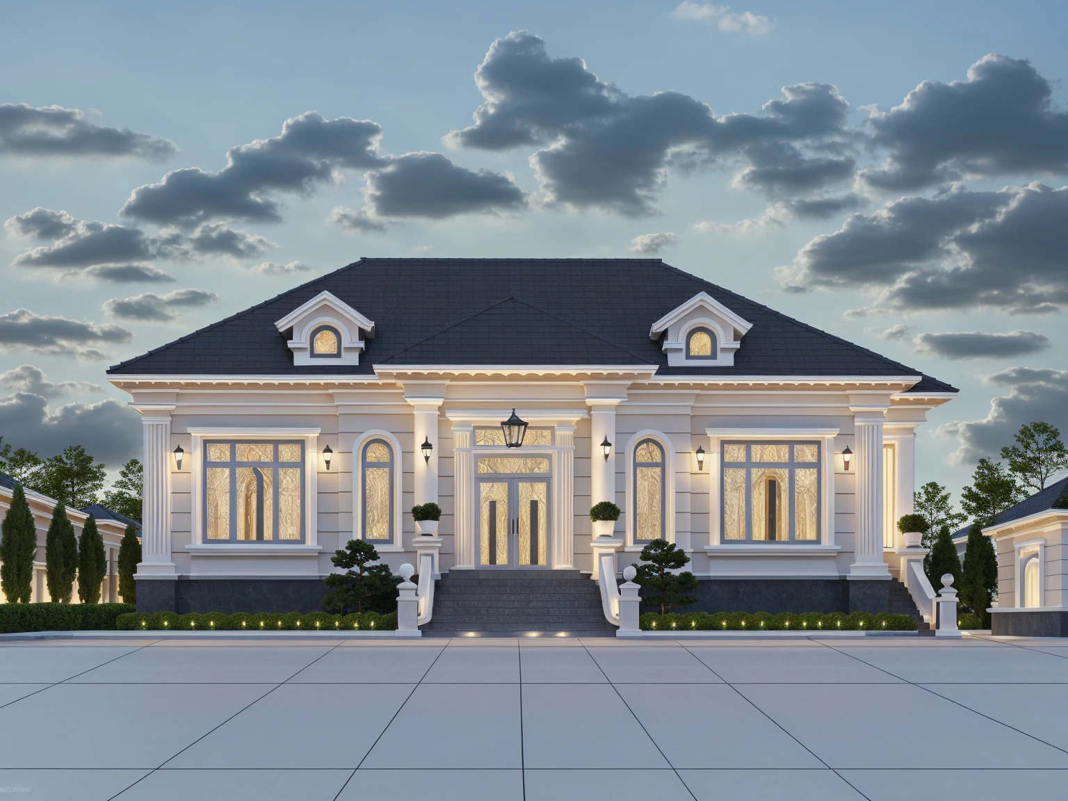 PLATFORM KTHOUSE, 1 morden villa, slope roof, main material of villa about build color wall:1.2 glass panel:1.1 and stone:1.2, 1large yard, 1 road runs in front of the house, (RAW photo, real, best quality, masterpiece:1.2), look morden minimalist, 1 road in front of the house, dynamic lighting:1.3, (hyper realistic, photo-realistic:1.2), high quality, (dark lighting:1.2), perfect lighting, archdaily, no human, light at 12 noon, light in door:1.2
