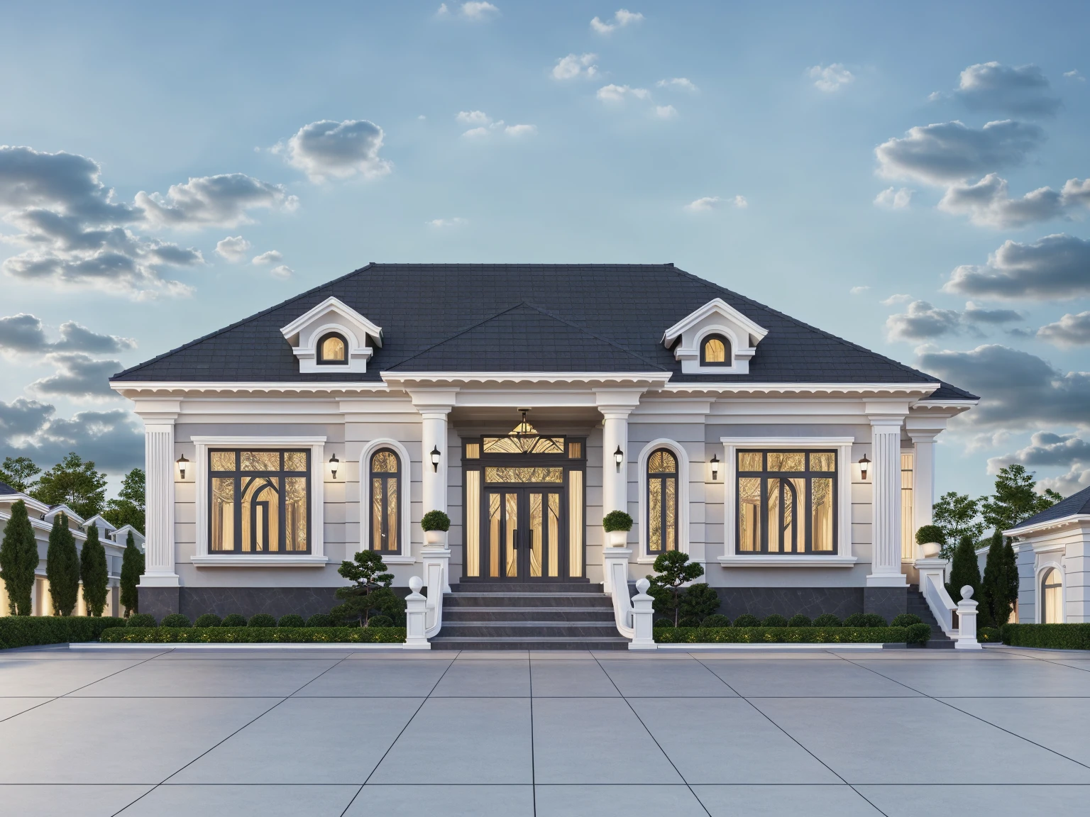 PLATFORM KTHOUSE, 1 morden villa, slope roof, main material of villa about build color wall:1.2 glass panel:1.1 and stone:1.2, 1large yard, 1 road runs in front of the house, (RAW photo, real, best quality, masterpiece:1.2), look morden minimalist, 1 road in front of the house, dynamic lighting:1.3, (hyper realistic, photo-realistic:1.2), high quality, (dark lighting:1.2), perfect lighting, archdaily, no human, light at 12 noon, light in door:1.2