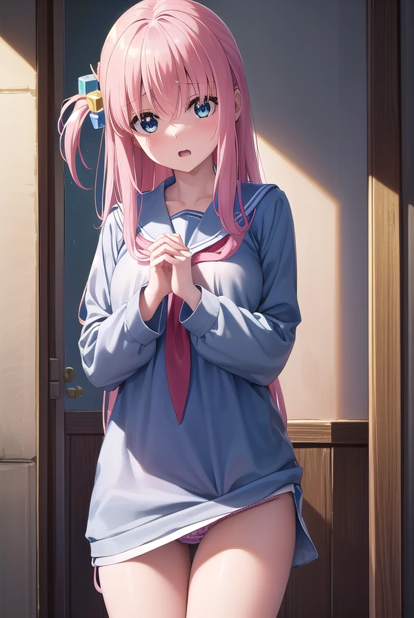 hitorigotou, Hitori Gotou, blue eyes, cube hair ornaments, Hair between the eyes, hair ornaments, Pink Hair, One side up, Long Hair,Nervously expression、Open mouth、
Sailor suit、kirt lifted、Cute Panties、Backwards、look back、
break indoors, classroom,
break looking at viewer, (Cowboy Shot:1.5),
break (masterpiece:1.2), highest quality, High resolution, unity 8k wallpaper, (figure:0.8), (Beautiful fine details:1.6), Highly detailed face, Perfect lighting, Highly detailed CG, (Perfect hands, Perfect Anatomy),