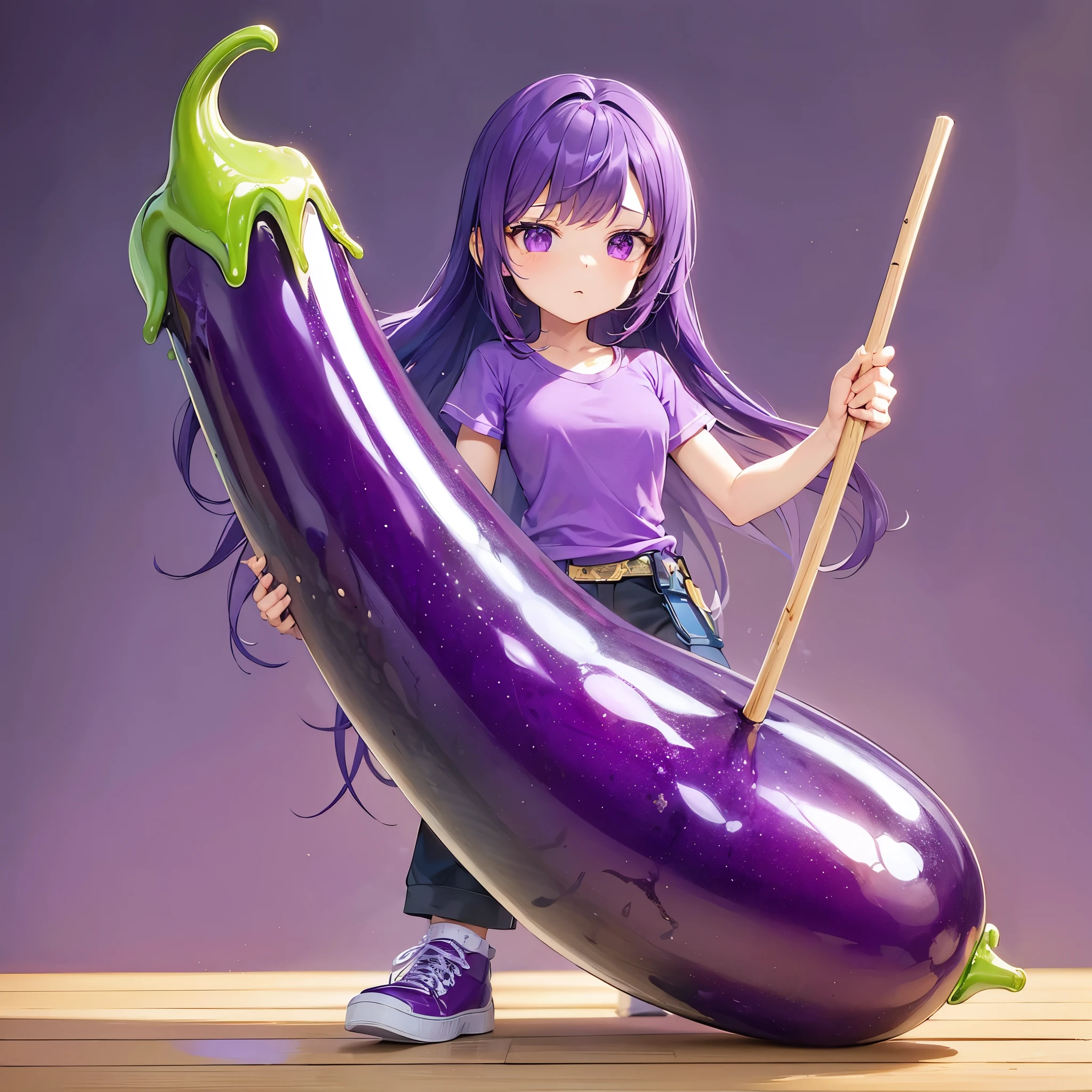 Top quality, masterpiece, 8K, woman with one stick in eggplant, large long purple eggplant with four sticks in it, long purple hair, purple eyes, wearing purple t-shirt,