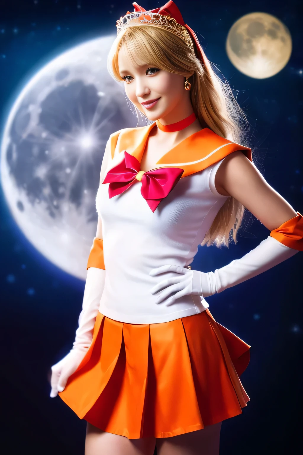 
((Tabletop:1.4, highest quality)), (Realistic photos:1.4), 
((1 girl)), (Beautiful actress), (dream-like),
(超High resolution:1.2), Very delicate and beautiful, wonderful, Very detailed CG Unity 8k wallpaper, Very detailed, High resolution, 
Cinema Lighting, Perfect Anatomy, Slender body, (full body), Looking at the camera, Old-fashioned smile,
venus1, tiara, sailor senshi uniform, sailor venus,
blonde hair, magical girl, blue eyes, orange skirt, elbow gloves, tiara, pleated skirt, hair bow, orange sailor collar,
miniskirt, choker, red bow, orange choker, white gloves, very long hair, jewelry, earrings, 
(Very big moon), (pose)