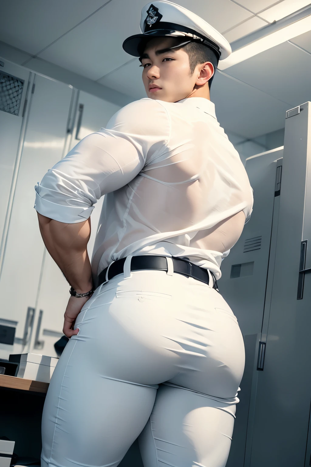 30-year-old boy korean muscular male in all white navy uniform shirt......... wearing police cap, transparent white pants ........... seductive expression.................... dripping on body and pants...................., arching back............... looking back to the camera. [[ big unrealistic butt,]] hairy legs.................. muscular thigh......................close up on butt........low angle camera........... in locker room........
