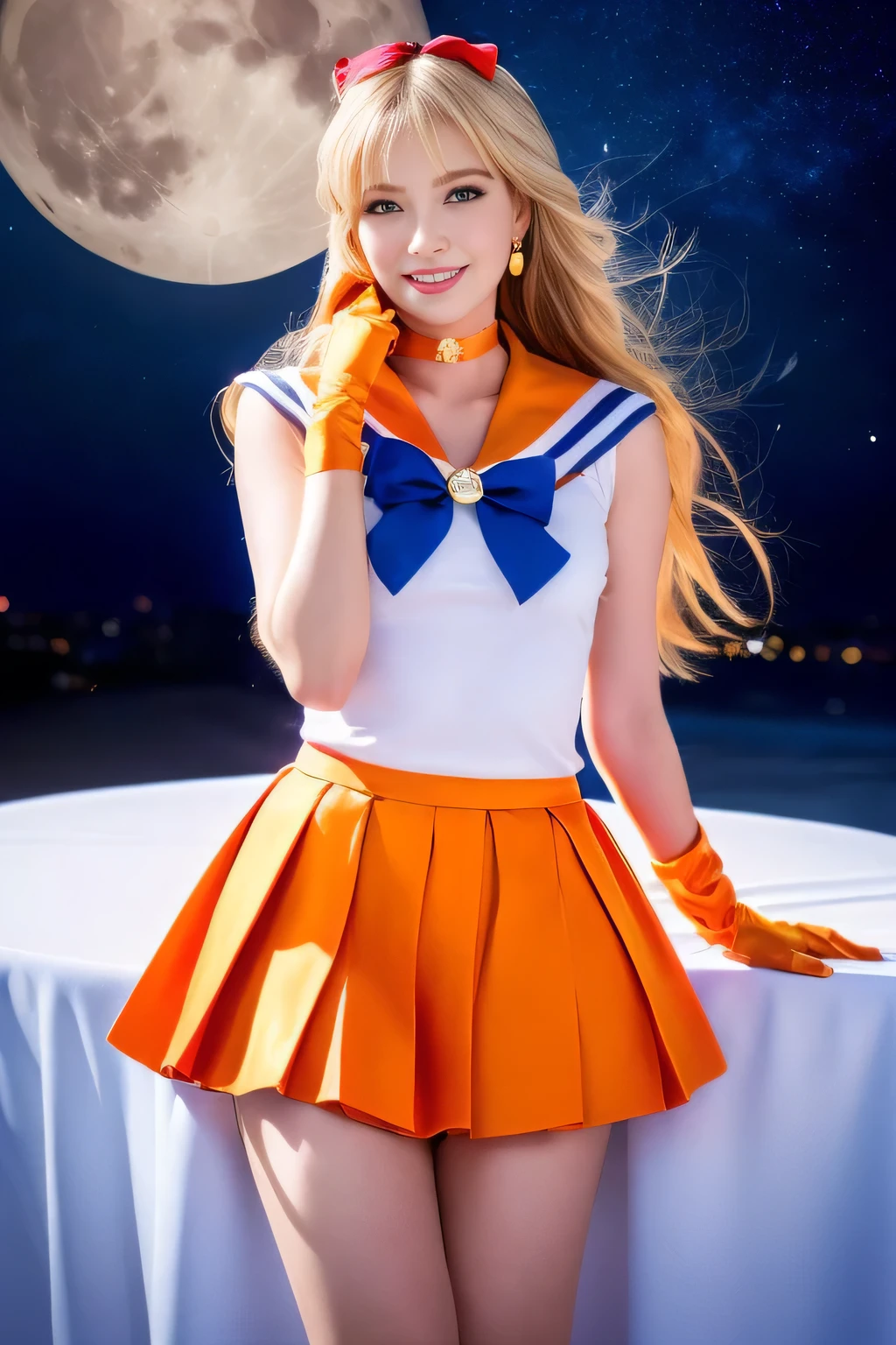 
((Tabletop:1.4, highest quality)), (Realistic photos:1.4), 
((1 girl)), (Beautiful actress), (dream-like),
(超High resolution:1.2), Very delicate and beautiful, wonderful, Very detailed CG Unity 8k wallpaper, Very detailed, High resolution, 
Cinema Lighting, Perfect Anatomy, Slender body, (full body), Looking at the camera, Old-fashioned smile,
venus1, tiara, sailor senshi uniform, sailor venus,
blonde hair, magical girl, blue eyes, orange skirt, elbow gloves, tiara, pleated skirt, hair bow, orange sailor collar,
miniskirt, choker, red bow, orange choker, white gloves, very long hair, jewelry, earrings, 
(Very big moon), (pose)
