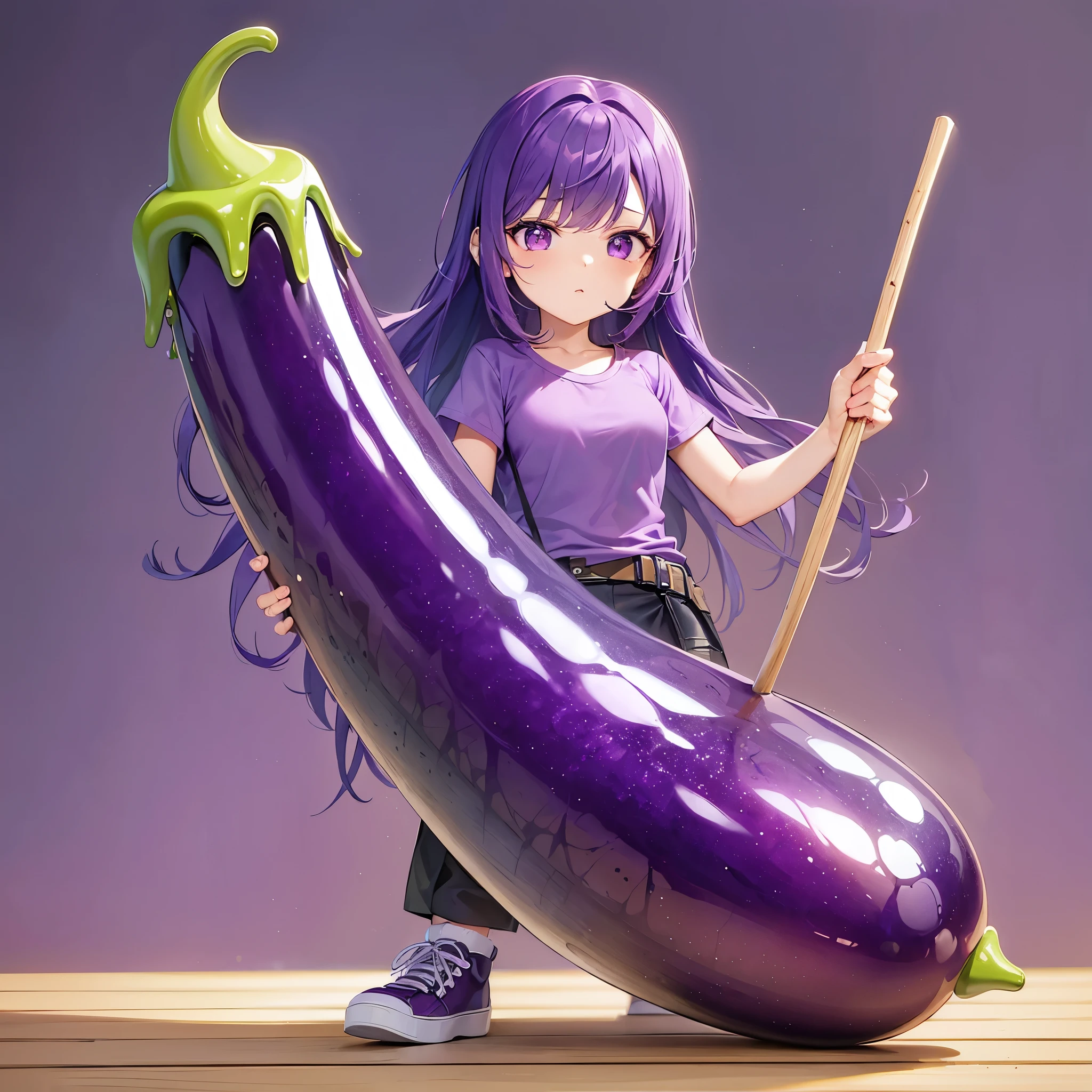 Top quality, masterpiece, 8K, woman with one stick in eggplant, large long purple eggplant with four sticks in it, long purple hair, purple eyes, wearing purple t-shirt,