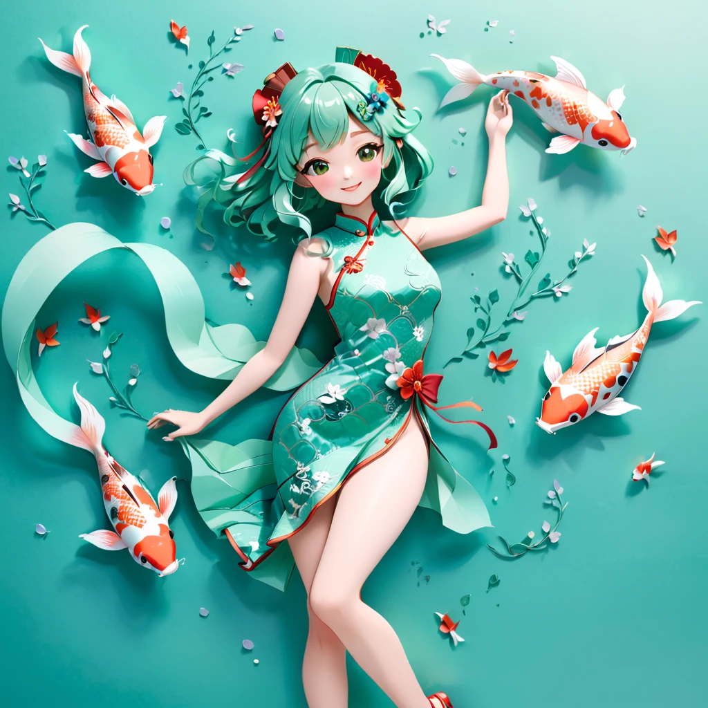 (paper art, Quilted paper art, 3D), (whole body:1.5),1 Cheongsam woman,Shy, fit,Perfect proportions,Exquisite hair accessories, Smile,Oriental elements,Simple background, Mint Green, (soft light, Bokeh),Dancing with Koi