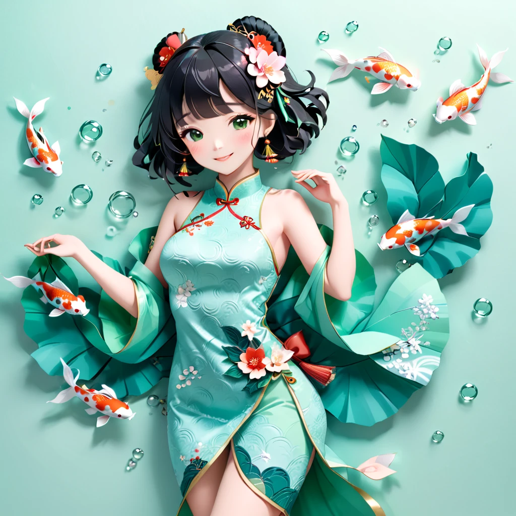 (paper art, Quilted paper art, 3D),  (whole body:1.5),1 Cheongsam woman，Shy, fit，Perfect proportions，Exquisite hair accessories, Smile，Oriental elements，Simple background, Mint Green,  (soft light, Bokeh)，Dancing with Koi