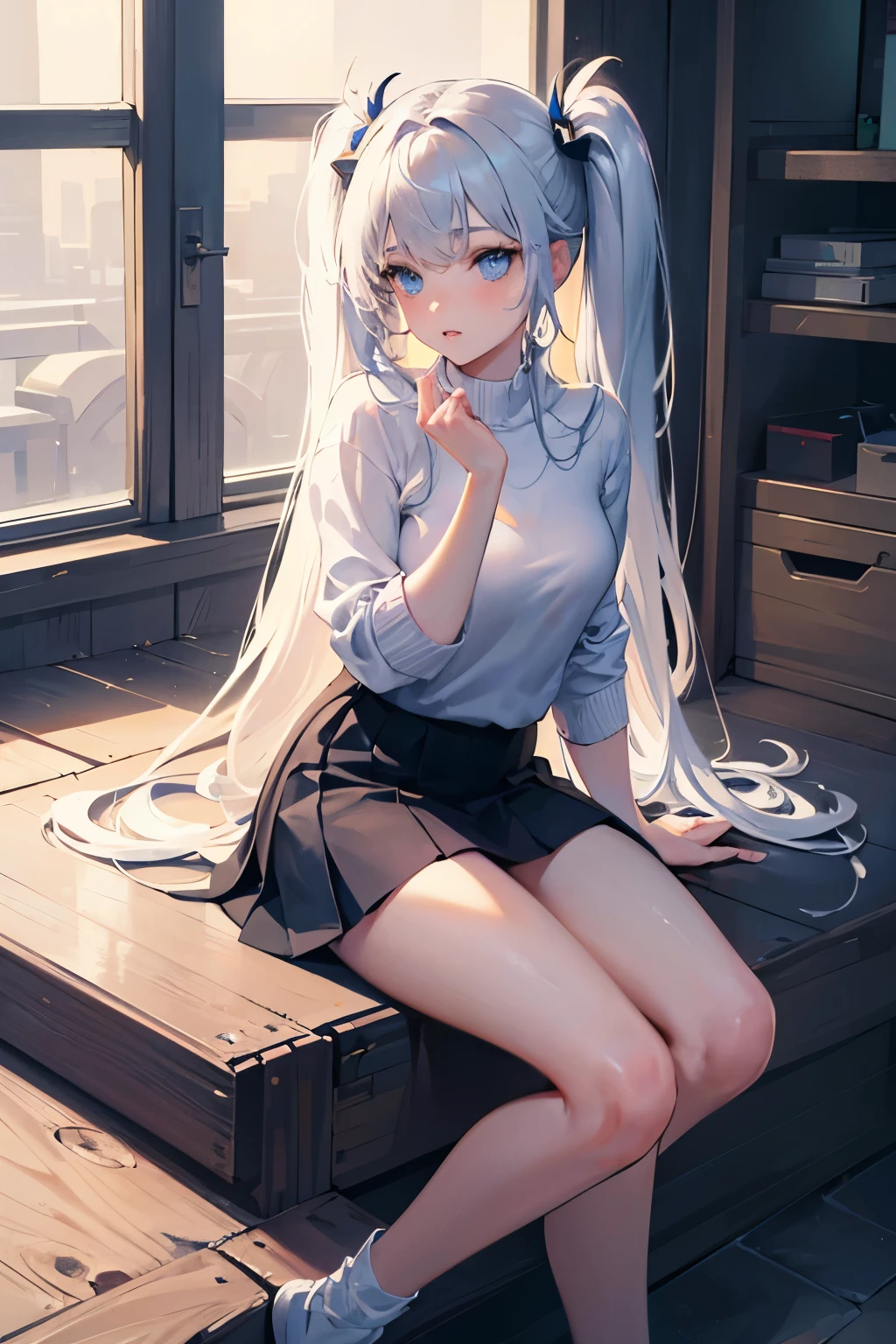 Digital Art, Digital Illustration, ((4K, 8K)), Ultra-detailed, beautiful image, Sharp Image, a close up of a woman in a short skirt and a sweater, trending at cgstation, anime barbie doll, trending on cgstation, anime girl in real life, anime vtuber full body model, ((long white hair),(blue eyes), twin tails hair, ( 16 years old)