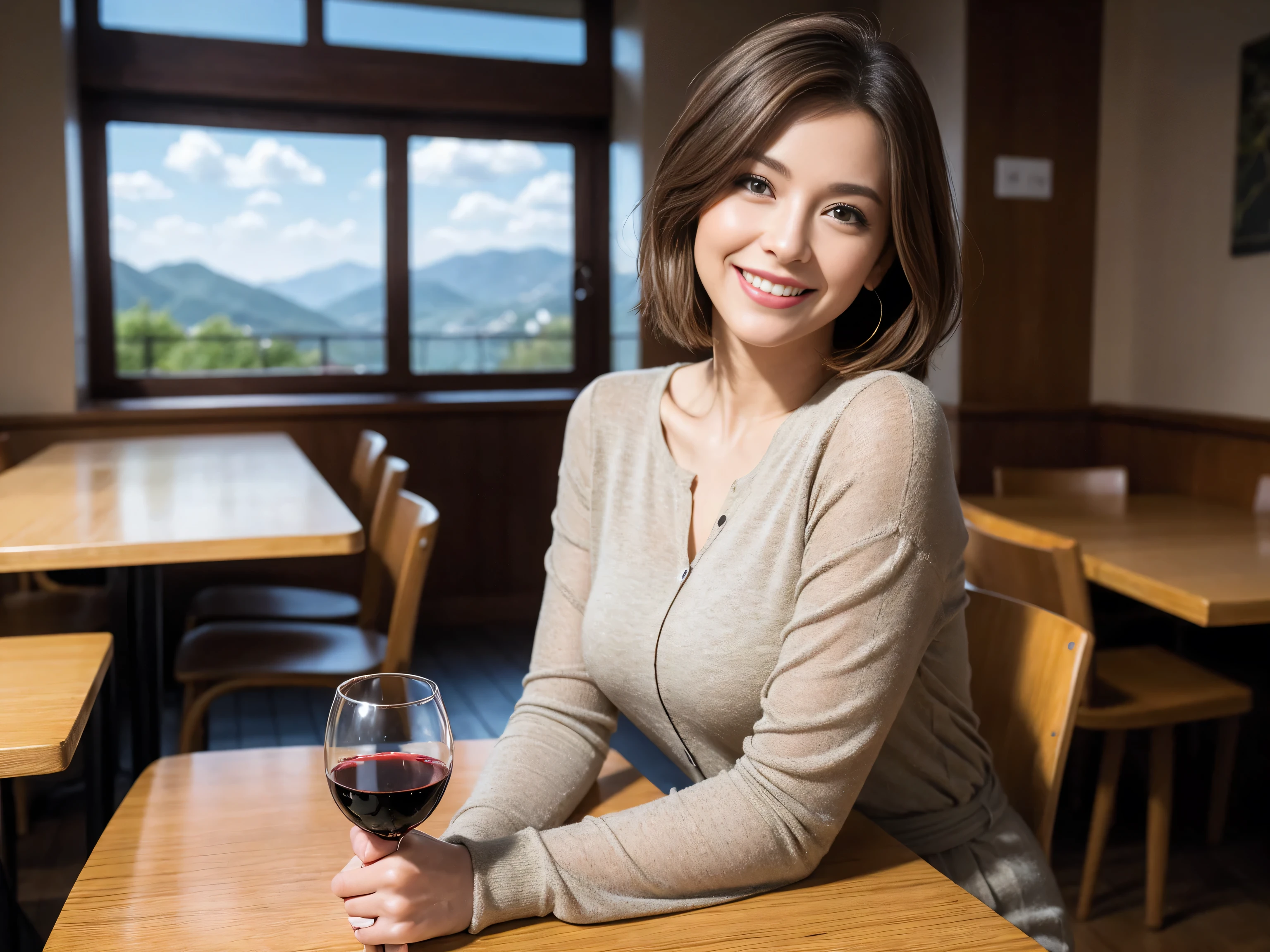 ((highest quality、8k、masterpiece:1.3))、1 male、1 female、Couple、Spouse、half、The body is slim、((Bob Hale、Straight hair:1.2)), (Realistic, Intricate details:1.2), Wine glass on the table、Put the light on your face、 Amazing view of the sunset sky and clouds、Amazing mountain views、A bright smile、The wonderfulness of smile、Bright image、The beauty of wine, Beautiful Face, blue eyes, The light shines on your face, Blushing, short hair,Bright Face、 (Age 37), 39 years old, red wine 、Appetizers、Italian food、Wine bottle、Champagne、sparkling wine、Two beauties、Brown Hair、Shortcuts、Long sleeve shirt、dress、Pretty Woman 1, (Slim face), (The body is slim), (Brown Hair), (Shortcuts), cheeks turn a little red,Attractive beauty、restaurant, In a prominent place (From the waist up) Nova Frog Style, actress, model, Upper Body, White wine, slim, wine glass, A wine glass placed in the center, smile, (smile: 1.15), Beautiful fine grain, Depth f/2,saturation, High Contrast, Strong light and shadow,Moist Body:1.5、3D texture、Delicate eyes、Brown Hair、The hair is very shiny、