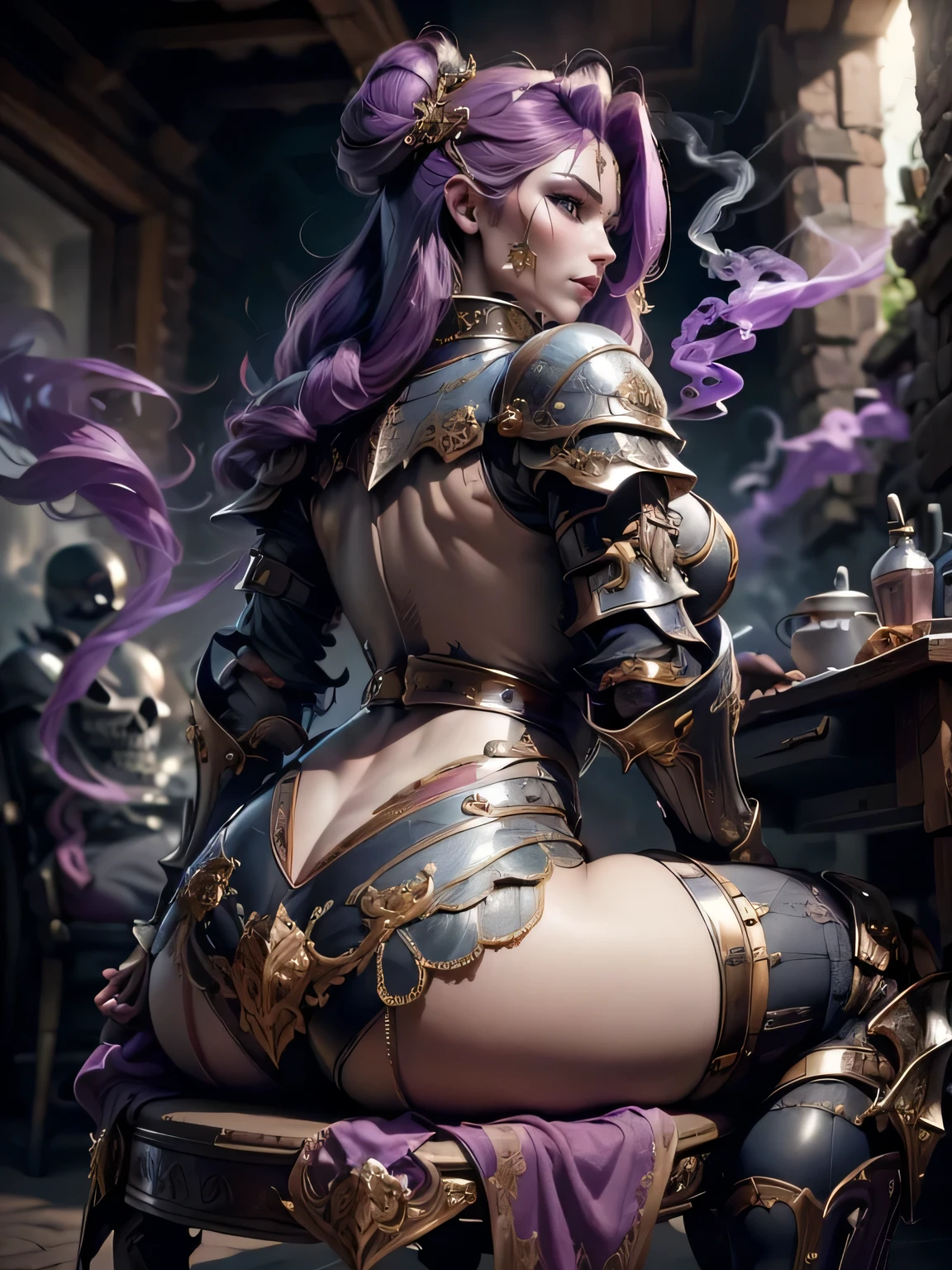 (Masterpiece, Superb Detail, Super Detailed, High Resolution), Male Focus, (((Female Armor))), (She Has Long Purple Hair, Medium Breasts, Slim, perfect body, beautiful face), look at viewer, (((purple panty))), (((smoke))), (((Turn back))), (((Show her butt))), (((Sit on Skull Chair))), City Ruins, Background Details, Solo