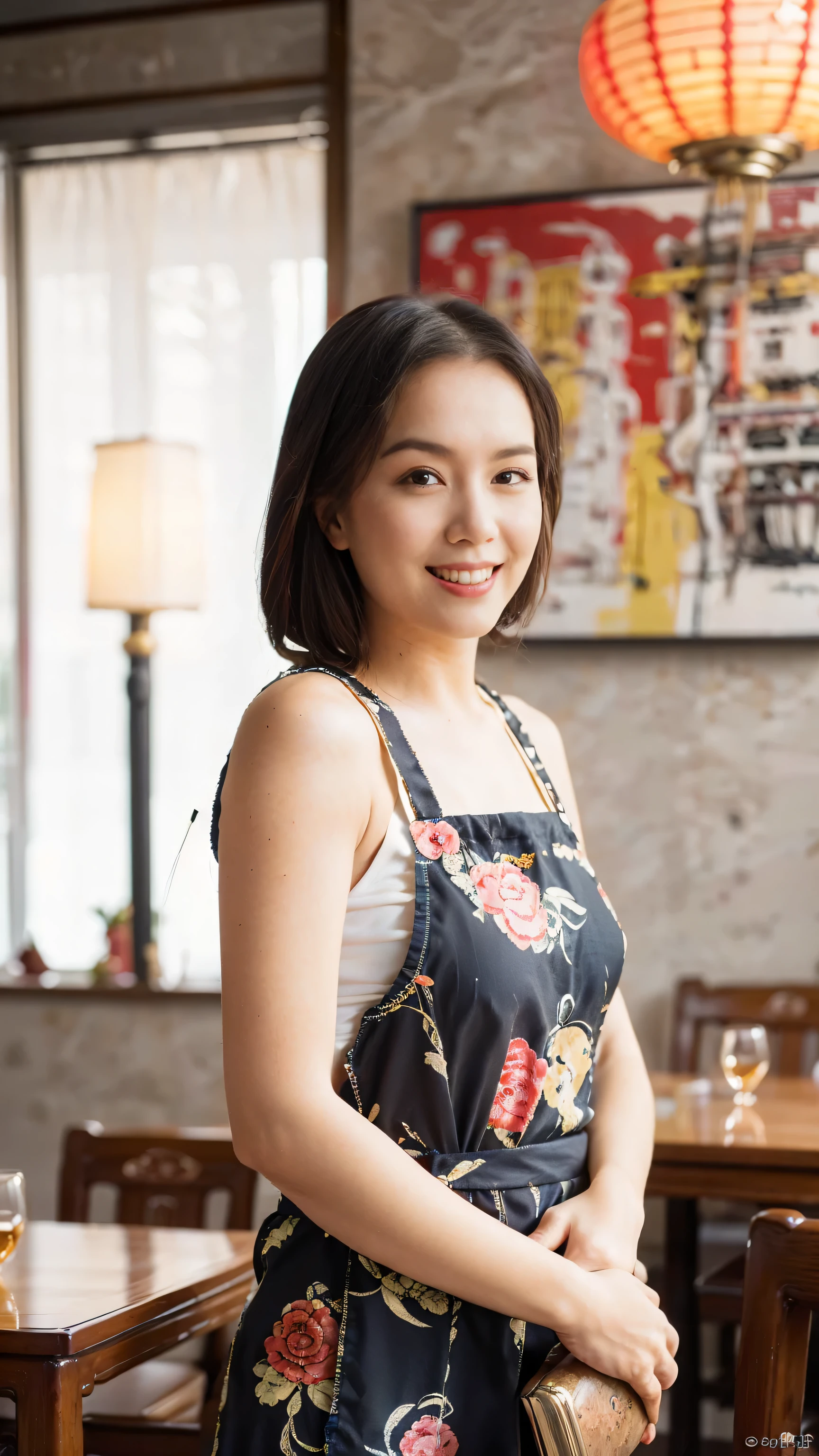 （Ultra-fine，Honesty：1.37），portrait，Chinese restaurant owner，black hair，Brown eyes，delicate lips，Wear an apron，Confident smile，Neat appearance，Chinese traditional spring clothing，Floral Pattern，Standing in the brightly lit restaurant，Antique wooden furniture，Finely crafted décor，Chinese traditional elements，Beautifully painted porcelain plates and teapots，Authentic Chinese cuisine，vibrant color palette，Defocused lights in the background create a warm and inviting atmosphere