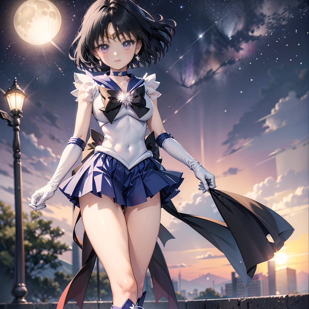 (full body)，high resolution，Detailed Description，highest quality，(sailor senshi uniform),Sailor Saturn，Black Hair，Cosmos，leotard，High leg，Purple Skirt，Knee-high boots，Elbow Handbags，Thick thighs，The skirt is short,スカートの下に白色のleotardが見える，The skirt is blown away by the wind，Defenseless crotch，blush，Embarrassed expression，Open your mouth，