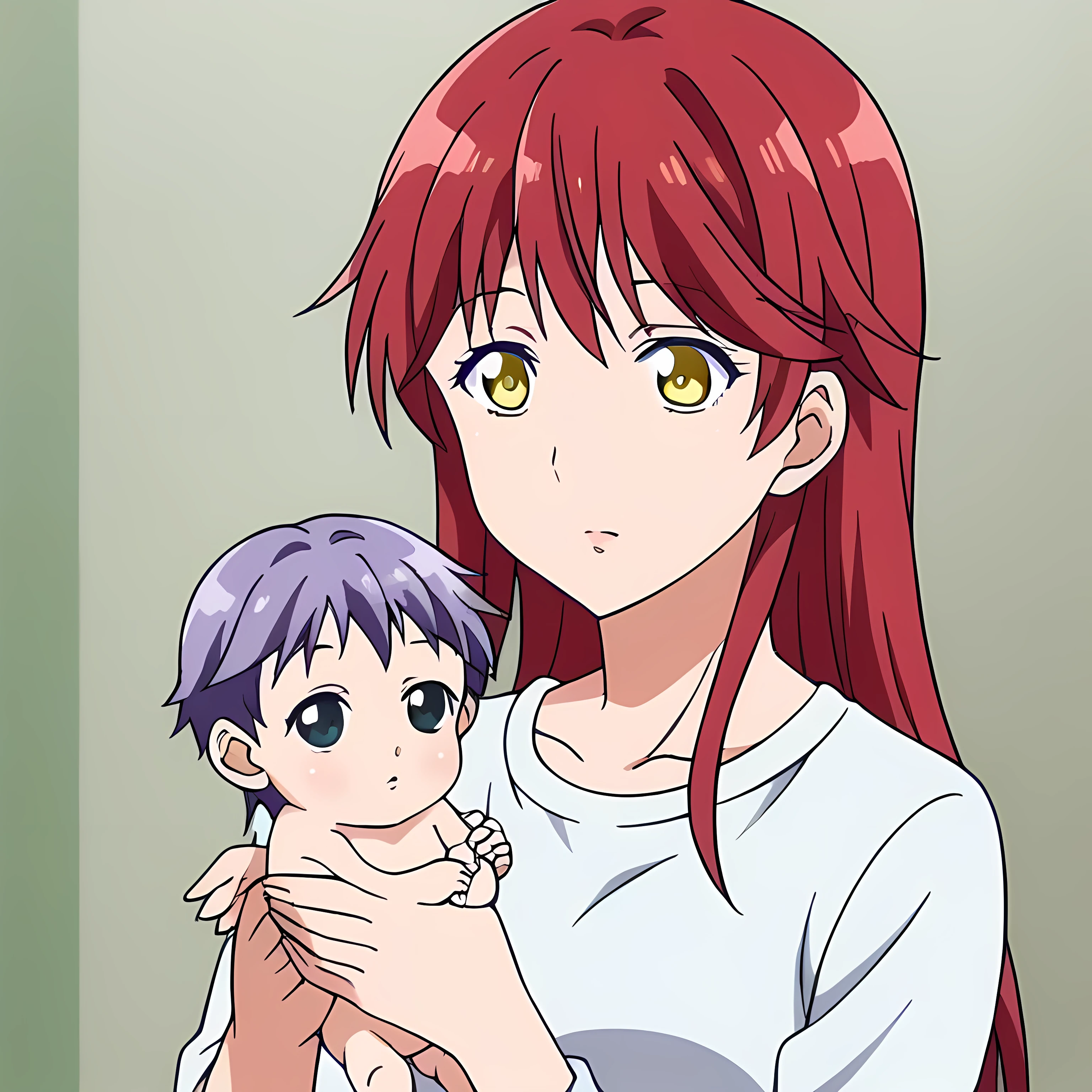 source_anime, long hair, red hair, yellow eyes, adult, holding her baby, mother, baby dark purple hair, black eyes
solo icon