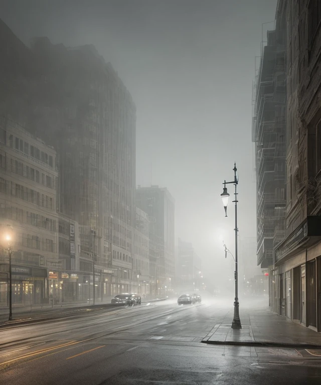 "hyper-realistic painting , portrait of a semi-transparent ghostly figure with a flowing, ethereal form that blends into the mist, capturing a moment of unsettling calm in a deserted urban area. In the background streetlights flicker over a perfectly ordinary street corner where time seems to have stopped,"