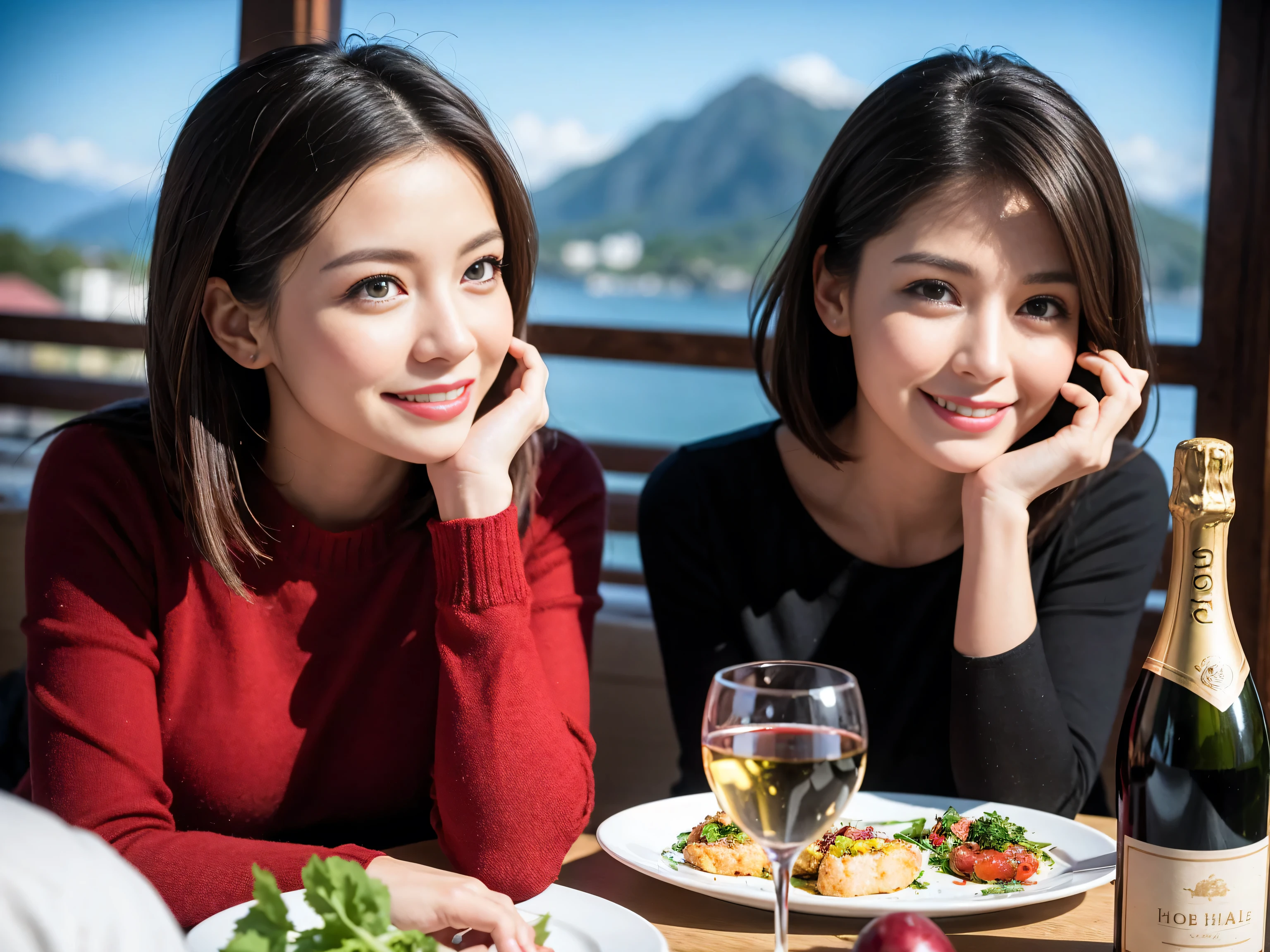 ((highest quality、8k、masterpiece:1.3))、1 male、1 woman who resembles Satomi Ishihara、Couple、Spouse、Couple、The body is slim、((Bob Hale、Straight hair:1.2)), (Realistic, Intricate details:1.2), Wine glass on the table、Put the light on your face、 Amazing view of the sunset sky and clouds、Amazing mountain views、A bright smile、The wonderfulness of smile、Bright image、The beauty of wine, Beautiful Face, blue eyes, The light shines on your face, Blushing, short hair,Bright Face、 (Age 37), 39 years old, red wine 、Appetizers、Italian food、Wine bottle、Champagne、sparkling wine、Two beauties、Brown Hair、Shortcuts、Long sleeve shirt、dress、Pretty Woman 1, (Slim face), (The body is slim), (Brown Hair), (Shortcuts), cheeks turn a little red,Attractive beauty、restaurant, In a prominent place (From the waist up) Nova Frog Style, actress, model, Upper Body, White wine, slim, wine glass, A wine glass placed in the center, smile, (smile: 1.15), Beautiful fine grain, Depth f/2,saturation, High Contrast, Strong light and shadow,Moist Body:1.5、3D texture、Delicate eyes、Brown Hair、The hair is very shiny、