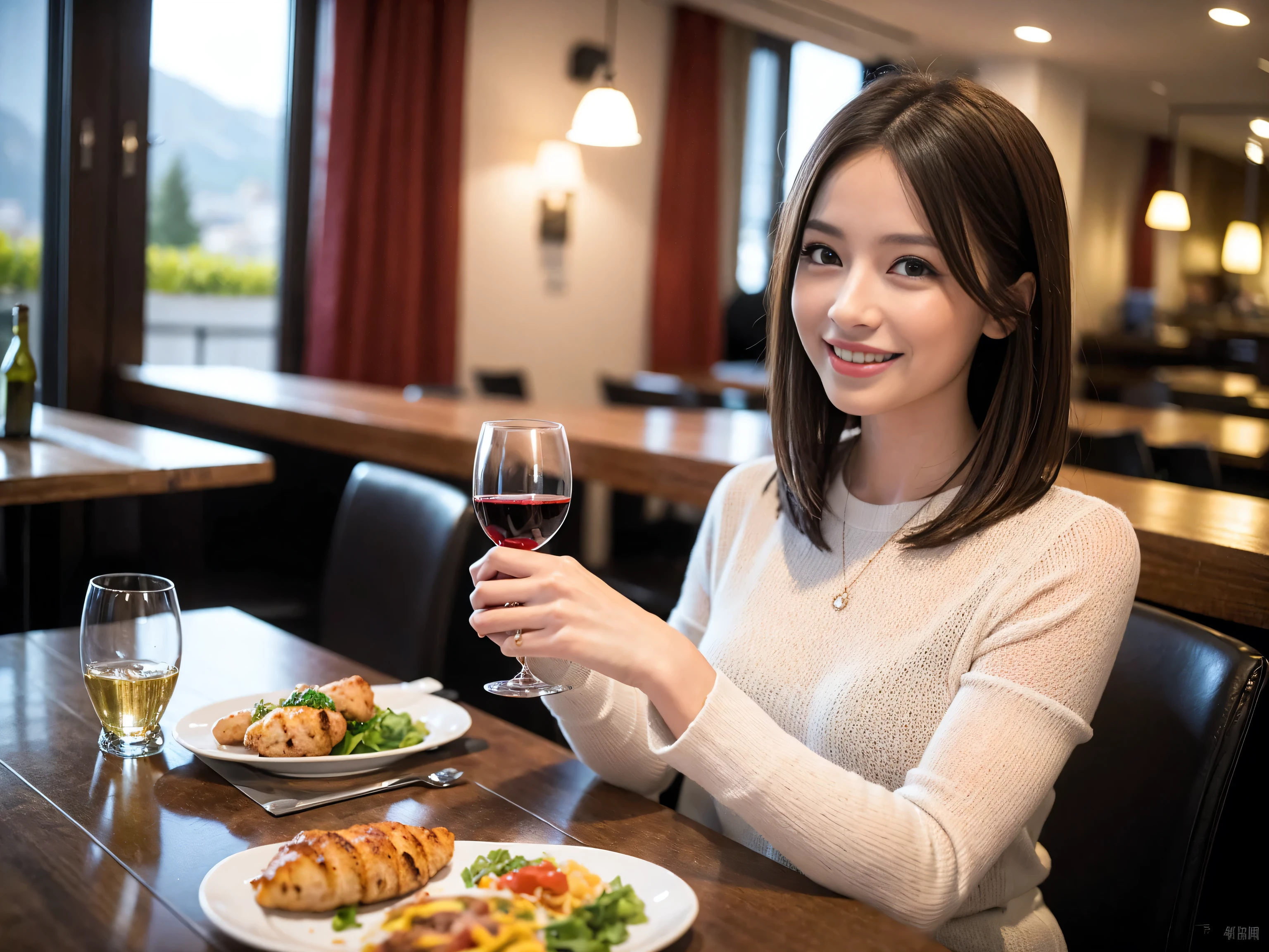 ((highest quality、8k、masterpiece:1.3))、1 male、1 woman who resembles Satomi Ishihara、Couple、Spouse、Couple、The body is slim、((Bob Hale、Straight hair:1.2)), (Realistic, Intricate details:1.2), Wine glass on the table、Put the light on your face、 Amazing view of the sunset sky and clouds、Amazing mountain views、A bright smile、The wonderfulness of smile、Bright image、The beauty of wine, Beautiful Face, blue eyes, The light shines on your face, Blushing, short hair,Bright Face、 (Age 37), 39 years old, red wine 、Appetizers、Italian food、Wine bottle、Champagne、sparkling wine、Two beauties、Brown Hair、Shortcuts、Long sleeve shirt、dress、Pretty Woman 1, (Slim face), (The body is slim), (Brown Hair), (Shortcuts), cheeks turn a little red,Attractive beauty、restaurant, In a prominent place (From the waist up) Nova Frog Style, actress, model, Upper Body, White wine, slim, wine glass, A wine glass placed in the center, smile, (smile: 1.15), Beautiful fine grain, Depth f/2,saturation, High Contrast, Strong light and shadow,Moist Body:1.5、3D texture、Delicate eyes、Brown Hair、The hair is very shiny、