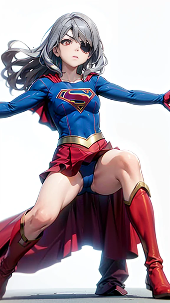 (whole body), (masterpiece:1.2), (Highest_quality:1.2), (Ultra_detailed:1.3), 8k,Low Angle,From below,1 girl,solo,Big ass girl, Frustrated face,Glare,Watch the audience,Mid-chest, barefoot,Red long boots,3D Rendering, superman_oc,( Supergirl),Laura Bodewig, Long Hair, (Red eyes:1.3), Grey Hair, Eye patch,Blue leotard,Red Cape,gloves,Simple Background,White Background,(Squat,Spread your legs,Raise your arms back),