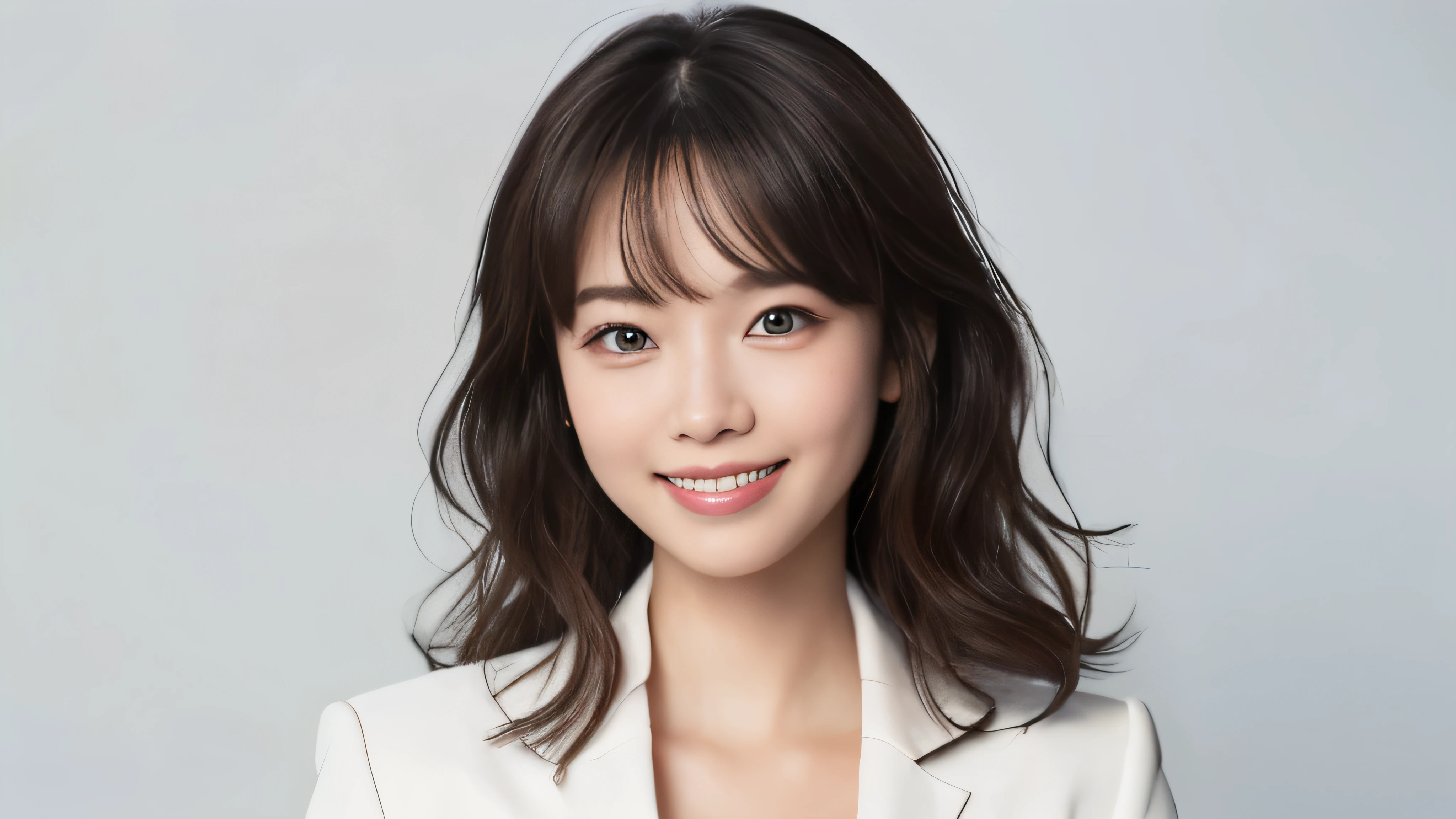 (Realistic: 1.4), (highest quality: 1.4), (fine grain), Full Body Shot, ((White background)), ((One Young Woman)), Black wavy hair, ((suit)), Big eyes, Blushed, ((smile)), Highly detailed face and skin texture, Healthy Skin, 8K resolution