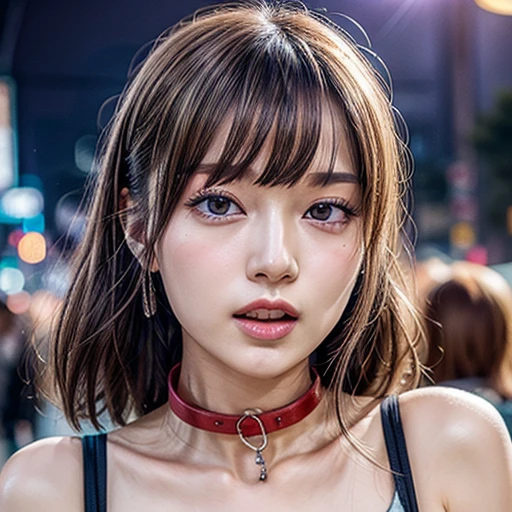 masterpiece of professional Analog photo, realistic and photorealistic with touch of rawness, (a close-up portrait of a woman wearing thongs on a city street), Dusk purple Sky, intricate lighting effects with light particles, (many colorful lights dazzling bokeh), Traffic lights, a crowd of fashionable street girls in the background, { Childish | Gigantic Cleavage }, (((NOGIZAKA)))  Extremely Detailed very KAWAII face variation, perfect anatomy, captivating gaze, elaborate detailed Eyes with (sparkling highlights:1.2), long eyelashes、Glossy RED Lips with beautiful details, Coquettish tongue, Rosy cheeks . (Dynamic joyful expressions), { Ecstasy | :D | screaming | Perplexed }, Mystic sight . hair and eye color is same color, Red leather high collar, Red ribbon, from diagonally angle .