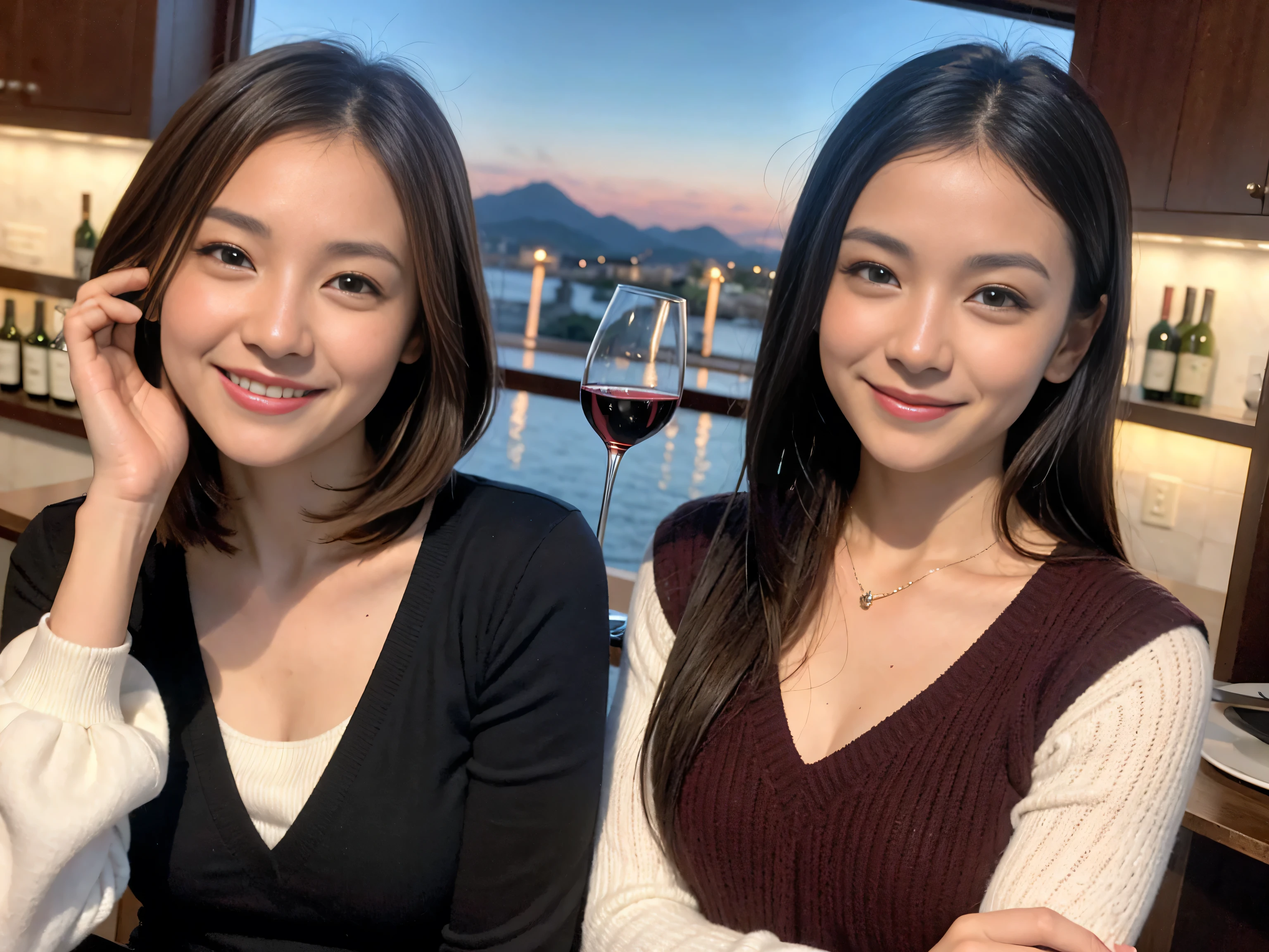 ((highest quality、8k、masterpiece:1.3))、1 male、1 female、Couple、Spouse、Satomi Ishihara-like beautiful couple、The body is slim、((Bob Hale、Straight hair:1.2)), (Realistic, Intricate details:1.2), Wine glass on the table、Put the light on your face、 Amazing view of the sunset sky and clouds、Amazing mountain views、A bright smile、The wonderfulness of smile、Bright image、The beauty of wine, Beautiful Face, blue eyes, The light shines on your face, Blushing, short hair,Bright Face、 (Age 35), 39 years old, red wine 、Appetizers、Italian food、Wine bottle、Champagne、sparkling wine、Two beauties、Brown Hair、Shortcuts、Long sleeve shirt、dress、Pretty Woman 1, (Slim face), (The body is slim), (Brown Hair), (Shortcuts), cheeks turn a little red,Attractive beauty、restaurant, In a prominent place (From the waist up) Nova Frog Style, actress, model, Upper Body, White wine, slim, wine glass, A wine glass placed in the center, smile, (smile: 1.15), Beautiful fine grain, Depth f/2,saturation, High Contrast, Strong light and shadow,Moist Body:1.5、3D texture、Delicate eyes、Brown Hair、The hair is very shiny、