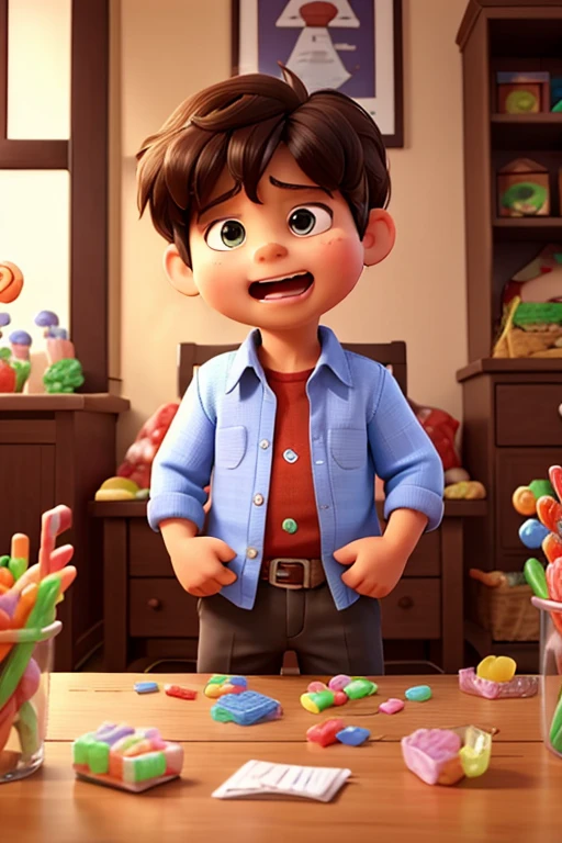 A 4-year-old boy eating a lot of candy and his mother angry because the  eats a lot of candy 
