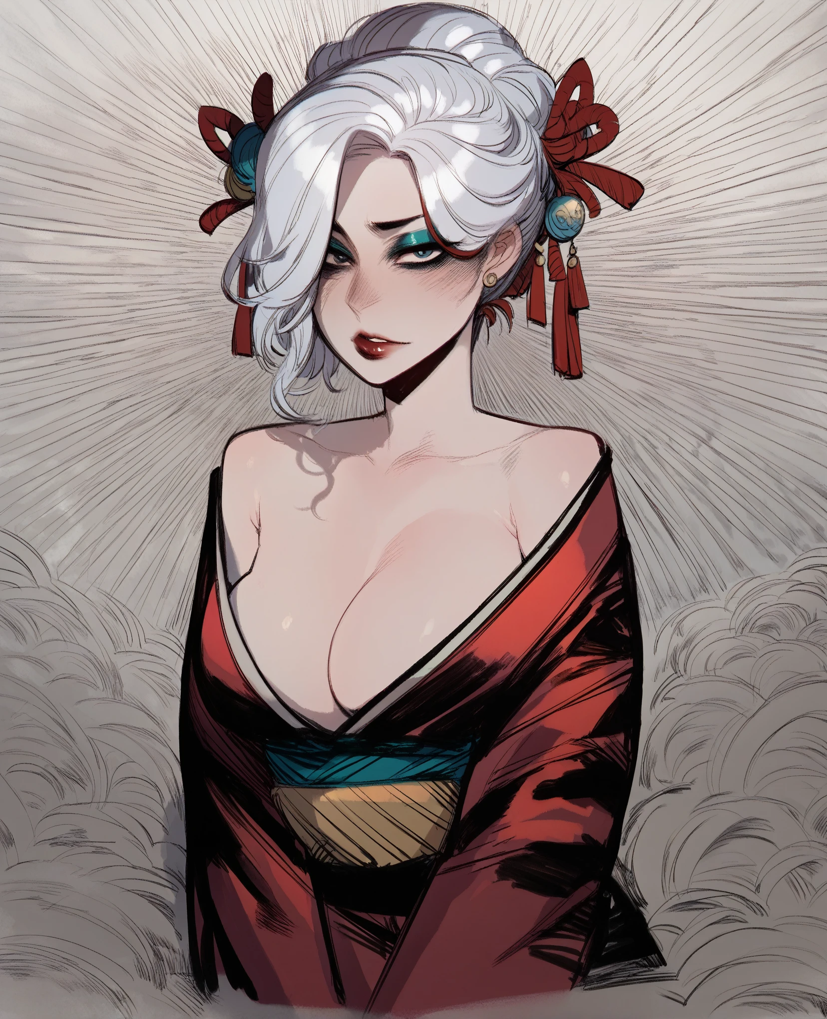 score_9, score_8_up, score_7_up, score_6_up, score_5_up, score_4_up, BREAK 1girl, ((thinbody:1)), intricate, kimono, (eyeliner:1.2), looking at viewer, bob hairstyle, white hair, jewelry, detailed background, breasts (masterpiece, high quality:1),
