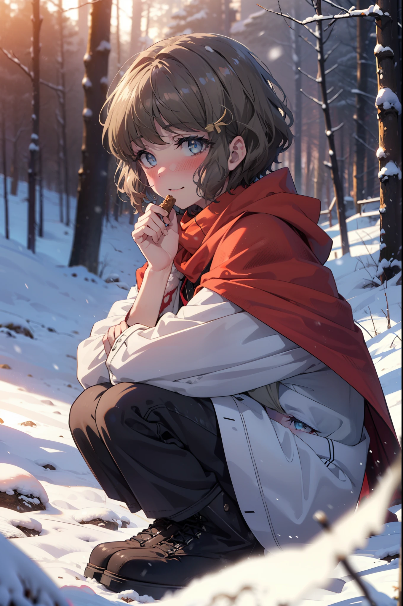 tomoekoga, Chie Koga, short hair, Brown Hair, blue eyes, hair band,smile,blush,White Breath,Center of chest,
Open your mouth,snow,Ground bonfire, Outdoor, boots, snowing, From the side, wood, suitcase, Cape, Blurred, having meal, forest, White handbag, nature,  Squat, Mouth closed, Cape, winter, Written boundary depth, Black shoes, red Cape break looking at viewer, Upper Body, whole body, break Outdoor, forest, nature, break (masterpiece:1.2), highest quality, High resolution, unity 8k wallpaper, (shape:0.8), (Beautiful and beautiful eyes:1.6), Highly detailed face, Perfect lighting, Highly detailed CG, (Perfect hands, Perfect Anatomy),