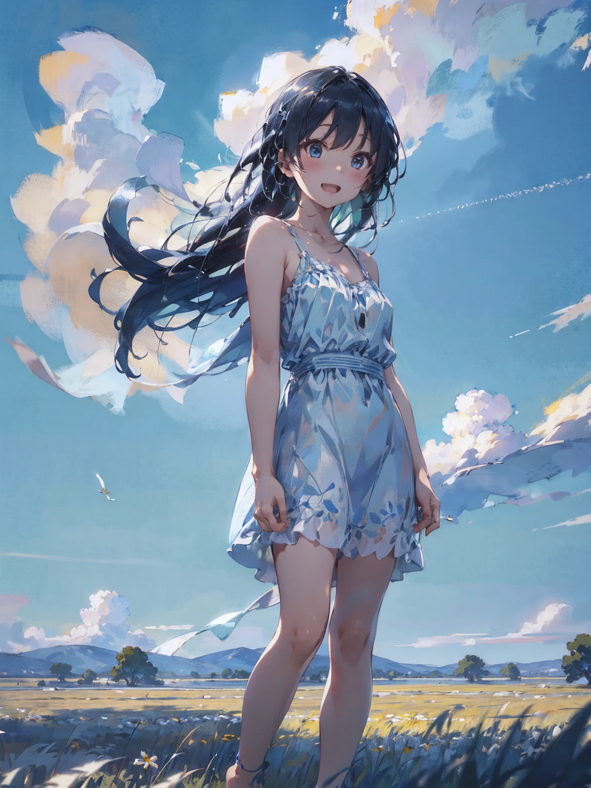 grassland、Blue sky、White cumulonimbus cloud、Contrail、Shining Sun、Grass in the prairie swaying in the wind、Photo Quality、Live Action、Reality、Transparency、Realistic depiction、8K quality、Hmph、Digital SLR、high quality、Film Grain、Fujifilm XT3、Girl wearing a white camisole dress、Standing posture、barefoot、Hair swaying in the wind、Shoulder-length hair、huge 、Big Idea Mbob、Laughter、
