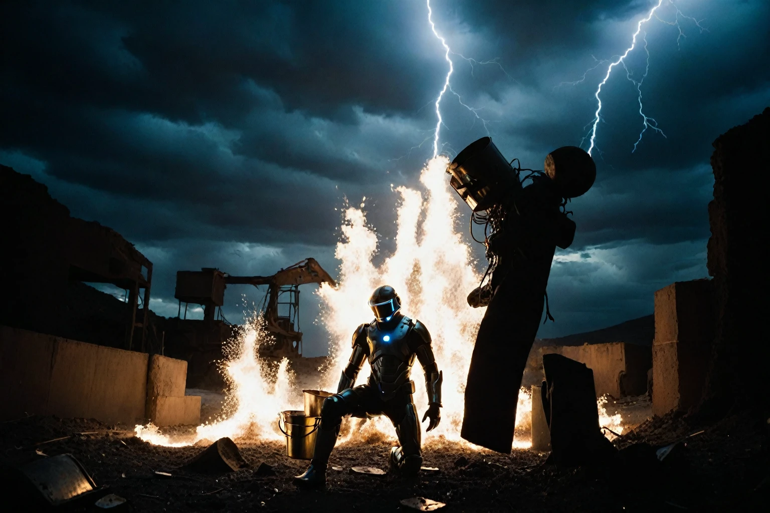 Wide shot, medium-high angle, looking up at the man in organic-cyber suit standing in the foreground. Key light source: Soft, warm glow from the mushroom's cap in the background, casting a gentle highlight on the suit's metallic plates. Fill light: Cool, blue-ish tone from the lightning and blast wave, adding depth and contrast to the scene. Composition: The man stands centered, with the tin bucket 'helmet' dominating his upper body. His suit's intricate details are highlighted by the soft key lighting. In the background, the mushroom's cap rises like a giant, glowing crown, surrounded by an explosive blast wave that warps and melts nearby objects. Action/Pose: The man in the suit appears frozen, gazing down at the frightened face of the girl visible through the bucket's hole. His pose conveys a sense of determination or focus, despite the apocalyptic chaos unfolding behind him. Location/Subject: The desolate landscape is littered with debris and charred human figures, their poses and facial expressions capturing the horror and trauma of the situation. The glowing lightning lines add an otherworldly, eerie atmosphere to the scene.