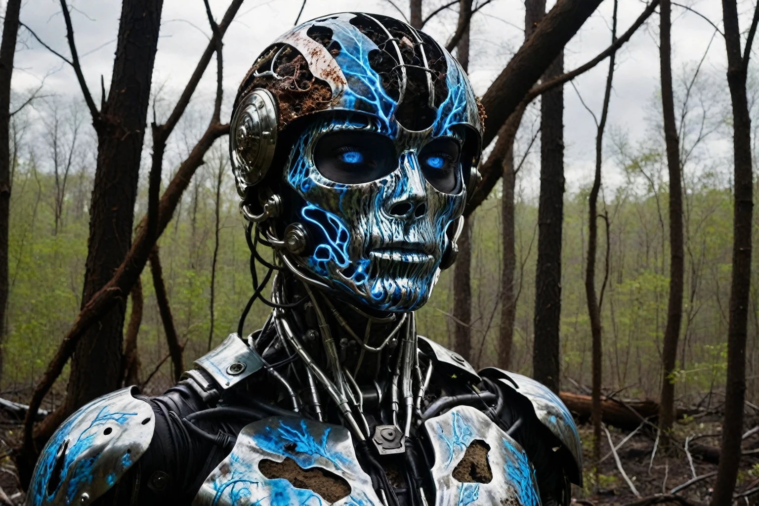 Through the tin bucket's aperture, a petrified beauty's face emerges, her eyes wide with terror as she gazes upon the apocalyptic landscape. In the foreground, a man stands tall, encased in an intricate organic-cyber suit, his features obscured by the makeshift helmet. The suit's fibers appear woven from living vines, blending seamlessly into the surrounding foliage. Behind him, a mushroom of impossible proportions looms, its cap a kaleidoscope of colors and textures. A blast wave from the thermobaric bomb's detonation ravages the landscape, sending trees splintering in every direction like toothpicks. Molten metal drips from the hulls of melted armored vehicles, their once-formidable armor now twisted and contorted. Charred figures stand amidst the destruction, frozen in various poses of terror and despair. The air is electric with the crackling energy of terrifying lightning bolts, as glowing blue lines course through the air like veins on a diseased skin.