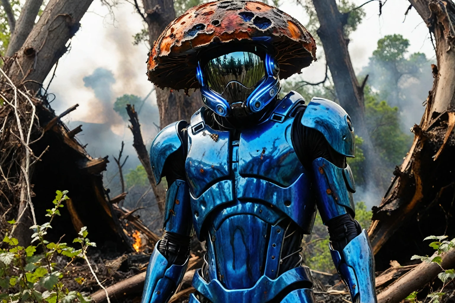 Through the tin bucket's aperture, a petrified beauty's face emerges, her eyes wide with terror as she gazes upon the apocalyptic landscape. In the foreground, a man stands tall, encased in an intricate organic-cyber suit, his features obscured by the makeshift helmet. The suit's fibers appear woven from living vines, blending seamlessly into the surrounding foliage. Behind him, a mushroom of impossible proportions looms, its cap a kaleidoscope of colors and textures. A blast wave from the thermobaric bomb's detonation ravages the landscape, sending trees splintering in every direction like toothpicks. Molten metal drips from the hulls of melted armored vehicles, their once-formidable armor now twisted and contorted. Charred figures stand amidst the destruction, frozen in various poses of terror and despair. The air is electric with the crackling energy of terrifying lightning bolts, as glowing blue lines course through the air like veins on a diseased skin.