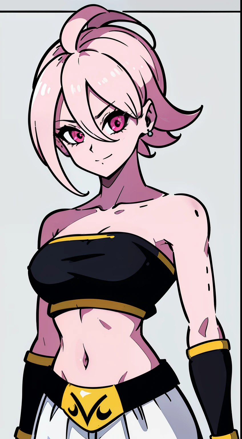 (high-quality, breathtaking),(expressive eyes, perfect face) Symmetrical Eyes, portrait, 1girl, female, alien, Majin Race, FMajin, Female Majin Buu, (pink skin:1.1), bubblegum pink skin color, red colored skin, smiling,(black sclera:1.2), red eyes, tentacle hair, black baggypants, belt, alien, M, shoulder holes, standing, no nose, grey background, medium cute length hair, wavy hair, hair between eyes, black tube top, midriff, bare shoulders, mature, soft smile, charming, elegant 
