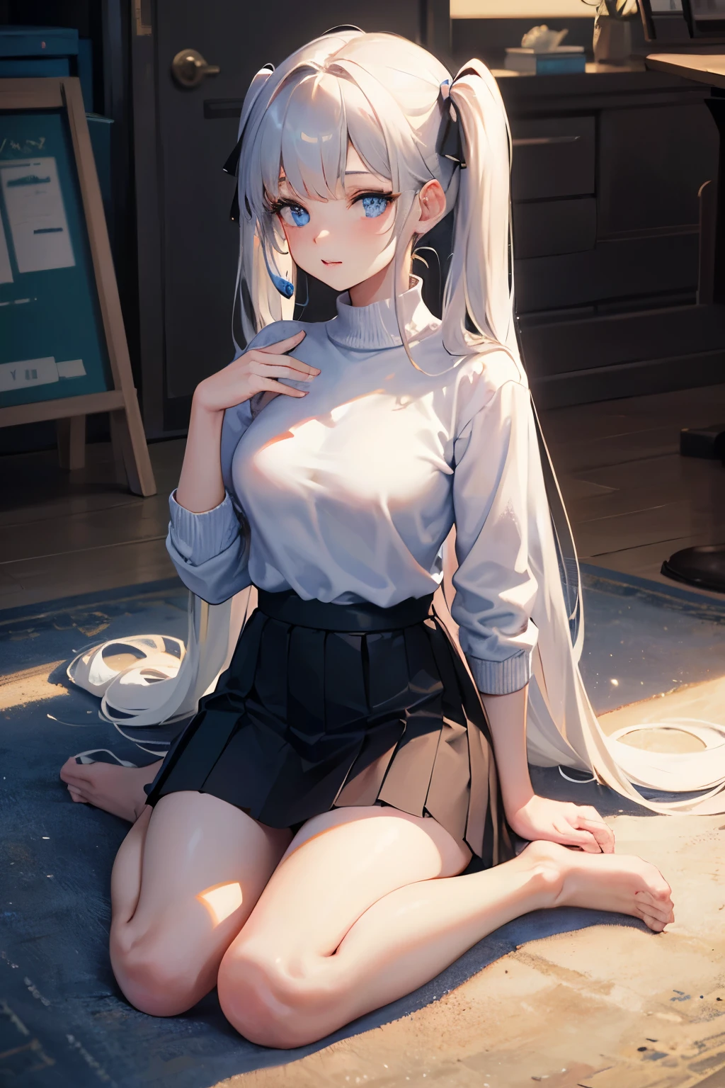 Digital Art, Digital Illustration, ((4K, 8K)), Ultra-detailed, beautiful image, Sharp Image, a close up of a woman in a short skirt and a sweater, trending at cgstation, anime barbie doll, trending on cgstation, anime girl in real life, anime vtuber full body model, ((long white hair),(blue eyes), twin tails hair, ( 16 years old), , very small round breasts