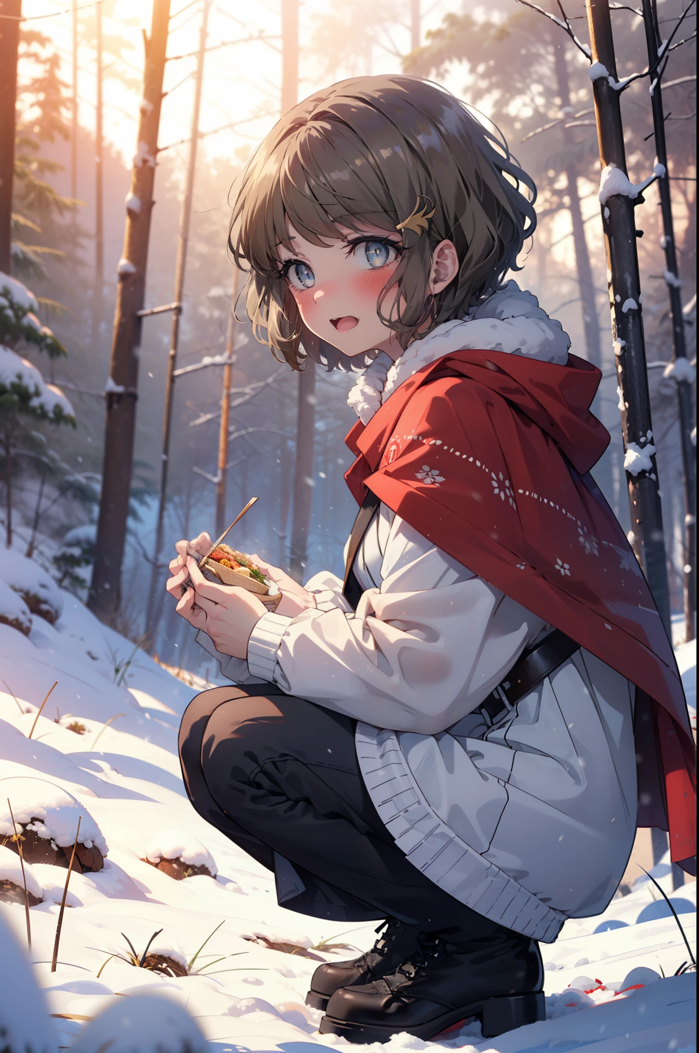 tomoekoga, Chie Koga, short hair, Brown Hair, blue eyes, hair band,smile,blush,White Breath,Center of chest,
Open your mouth,snow,Ground bonfire, Outdoor, boots, snowing, From the side, wood, suitcase, Cape, Blurred, having meal, forest, White handbag, nature, Squat, Mouth closed, Cape, winter, Written boundary depth, Black shoes, red Cape break looking at viewer, Upper Body, whole body, break Outdoor, forest, nature, break (masterpiece:1.2), highest quality, High resolution, unity 8k wallpaper, (shape:0.8), (Beautiful and beautiful eyes:1.6), Highly detailed face, Perfect lighting, Highly detailed CG, (Perfect hands, Perfect Anatomy),