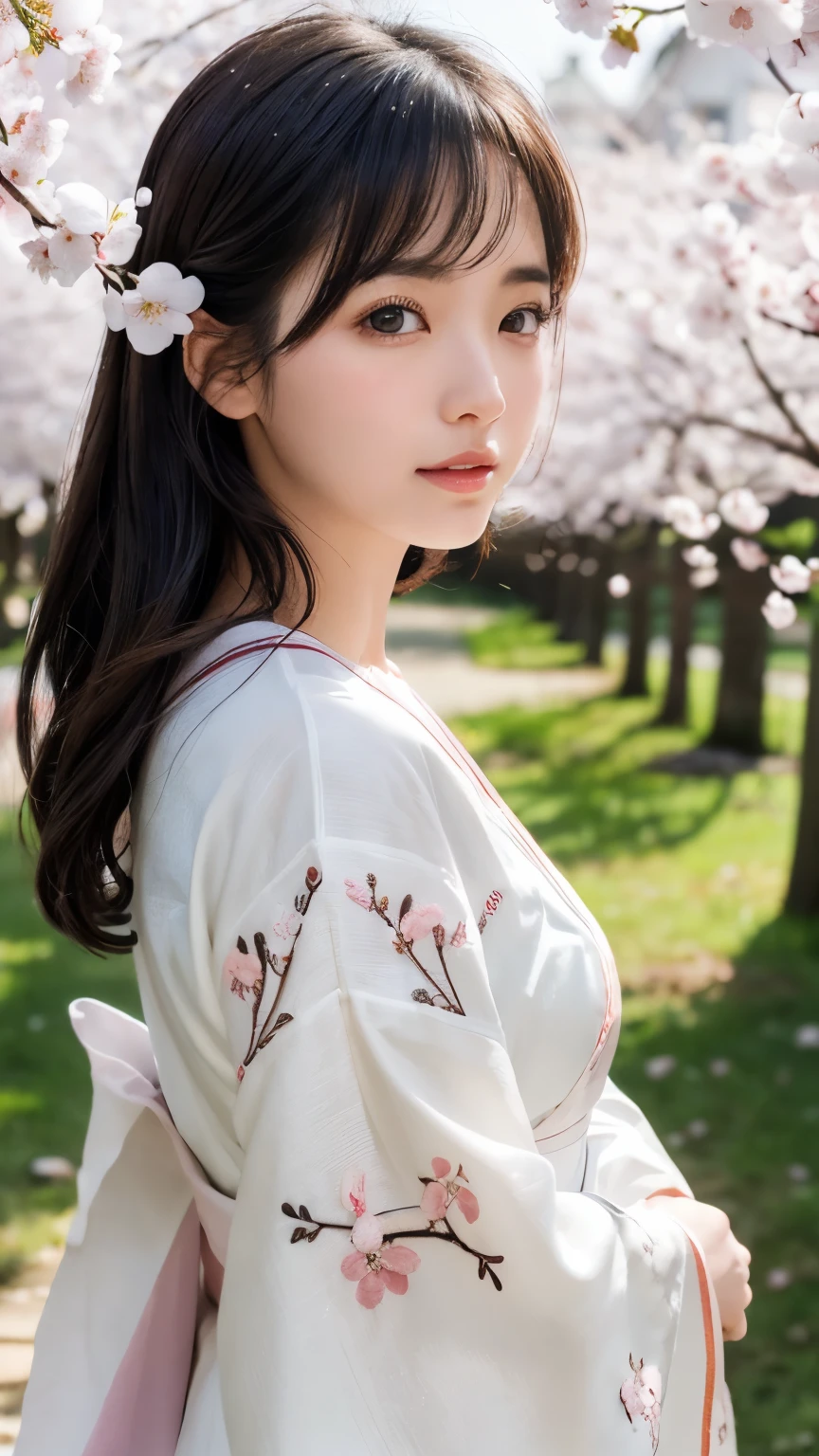 (logo、masterpiece、8k、Tabletop、RAW Photos、wonderful、最high quality、Realistic、Very detailed CG 統合 8k 壁紙、high quality、Very detailed、narrative poem、Particle Effects、Dynamic Effects、Depth of written boundary、Cinematic Light、Lens flare、Ray Tracing)、Fantasy、 (1 beauty、White kimono、Japanese clothing、White cherry blossom pattern、White cherry blossom embroidery pattern、Black-haired、Beautiful Face、True Face、Beautiful details in the eyes、Beautiful Skin)、Hair flutters in Wind、Hair bounces、Pink cherry blossom tree、Petals flutter、SakuraFubuki、wonderful景色、Morning Glow、Sun in the background、Wind、god々、tooth、god話、Vast land、