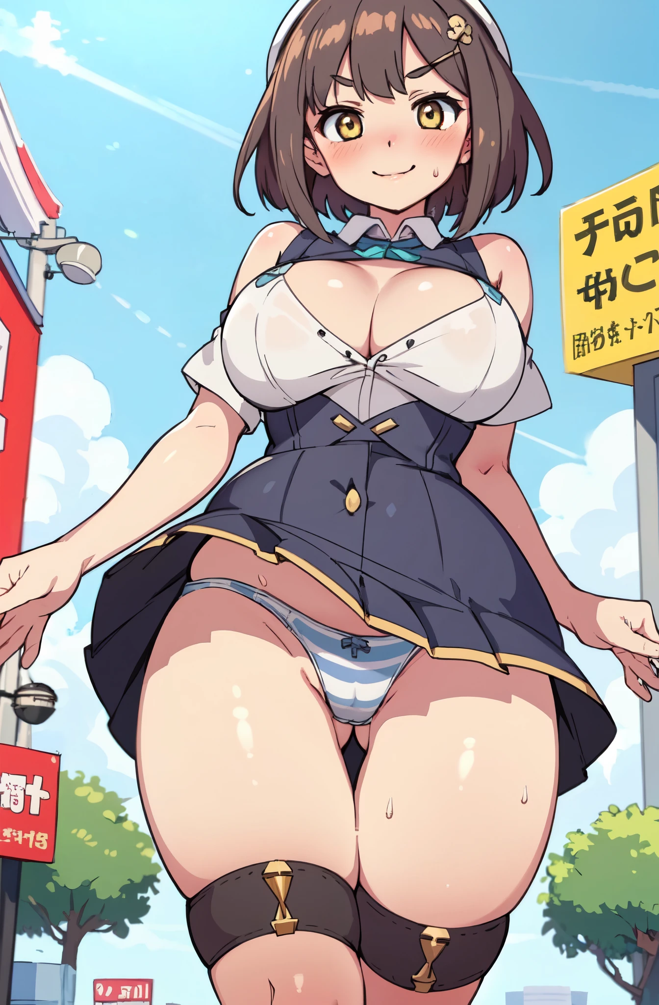 ((Table t○p, highest quality, Hi-Res Lucifer,Anime Screen Capture、Pixel Perfect, 8k)))、Browsing Caution、Perfect Anatomy、(((Huge breasts、Wide Hips、Wide ass)))、(((Bobcut、Blunt bangs)))、(((A skirt flipped up by the wind、White shirt、Black mini skirt、Blue striped panties、A skirt flipped up by the wind、Cyber Protector)))、Hands on hips、Sweat, vapor,(Yellow Eyes)、((Black Hair)), V-shaped eyebrows、 ((((smile、blush))))、(city)