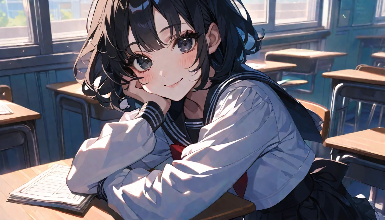 solo, handsome, 1. Female,Straight Short Hair, black hair, black eyes,Soft look,ta,high school girl,Sailor suit,loose socks,Best,skin,,smile,Cheek resting on hand,classroom