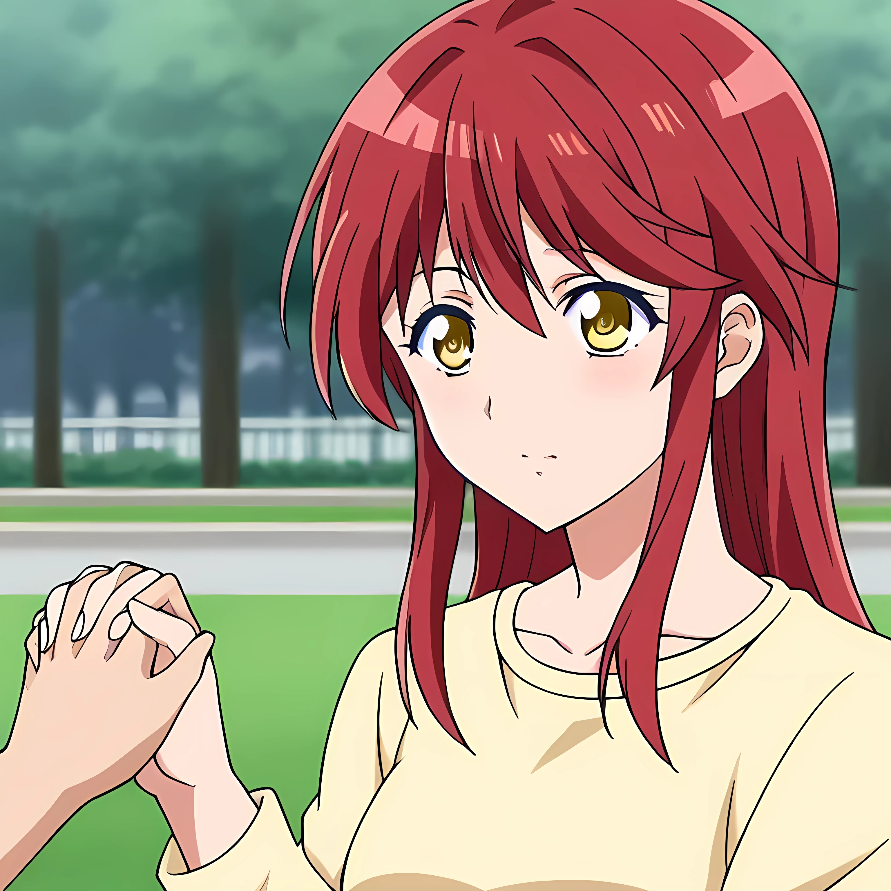  source_anime, long hair, red hair, yellow eyes, adult, mother, with your daughter, holding hands in the park, 
solo icon 