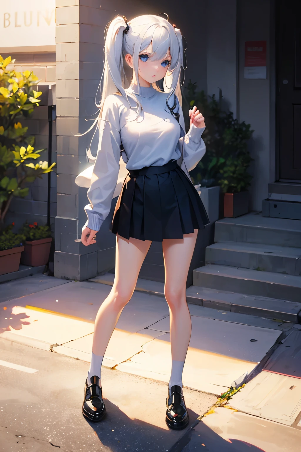Digital Art, Digital Illustration, ((4K, 8K)), Ultra-detailed, beautiful image, Sharp Image, a close up of a woman in a short skirt and a grey sweater, trending at cgstation, anime barbie doll, trending on cgstation, anime girl in real life, anime vtuber full body model, ((long white hair),(blue eyes), twin tails hair, ( 16 years old), (very small round breasts)