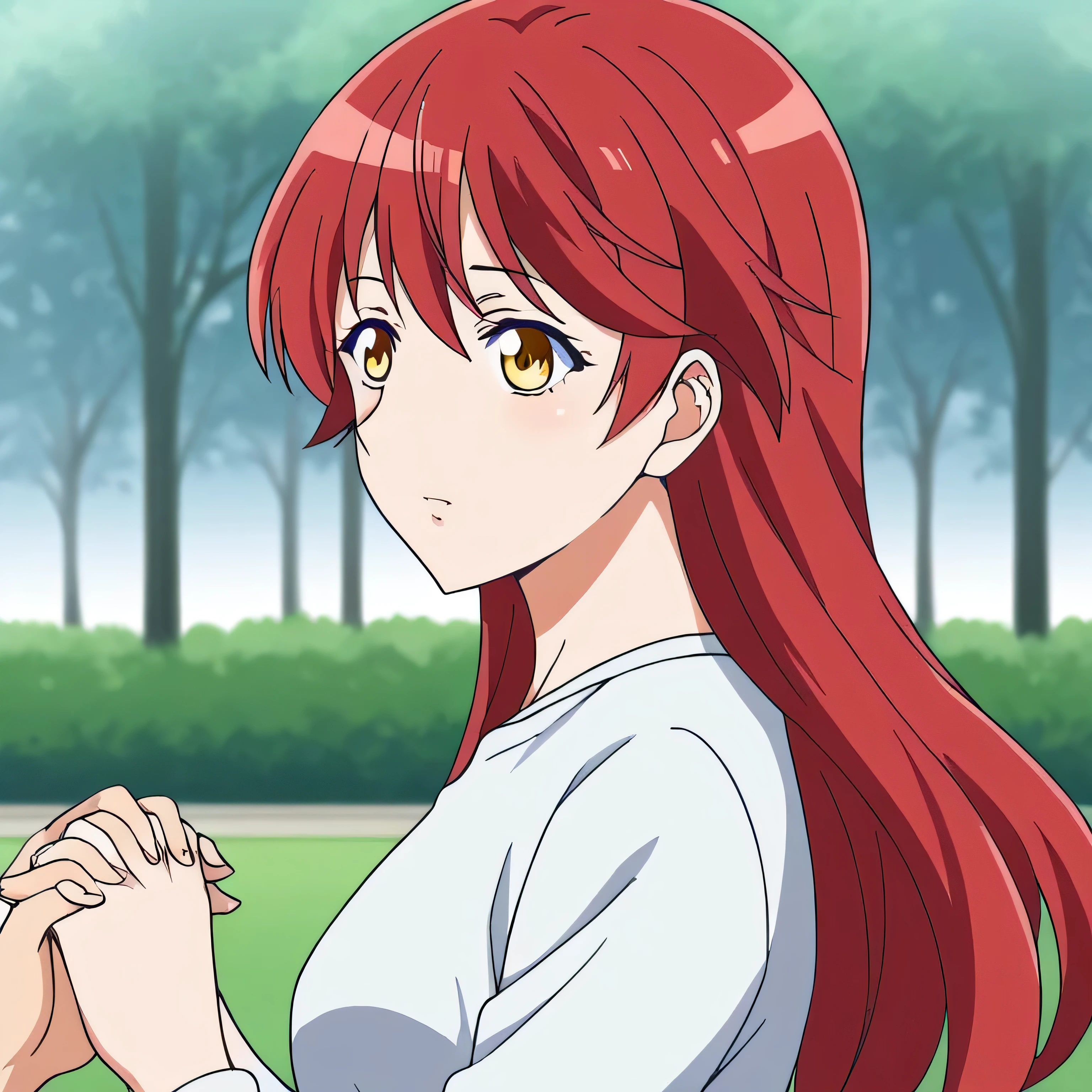  source_anime, long hair, red hair, yellow eyes, adult, mother, with your daughter, holding hands in the park, 
solo icon 