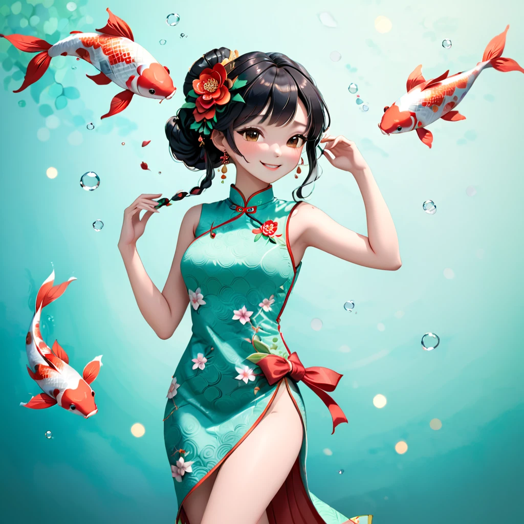 (paper art, Quilted paper art, 3D), (whole body:1.5),1 Cheongsam woman,Shy, fit,Perfect proportions,Exquisite hair accessories, Smile,Oriental elements,Simple background, China red,Mint Green, (soft light, Bokeh),Dancing with Koi