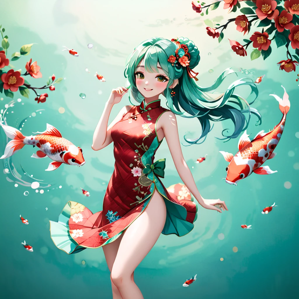 (paper art, Quilted paper art, 3D), (whole body:1.5),1 Cheongsam woman,Shy, fit,Perfect proportions,Exquisite hair accessories, Smile,Oriental elements,Simple background, China red,Mint Green, (soft light, Bokeh),Dancing with Koi