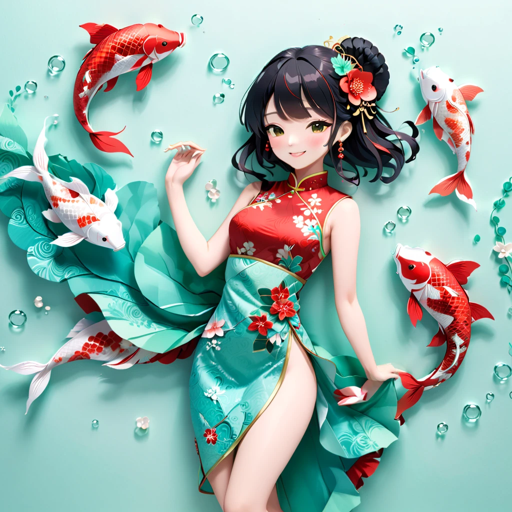 (paper art, Quilted paper art, 3D), (whole body:1.5),1 Cheongsam woman，Shy, fit，Perfect proportions，Exquisite hair accessories, Smile，Oriental elements，Simple background, China red，Mint Green, (soft light, Bokeh)，Dancing with Koi