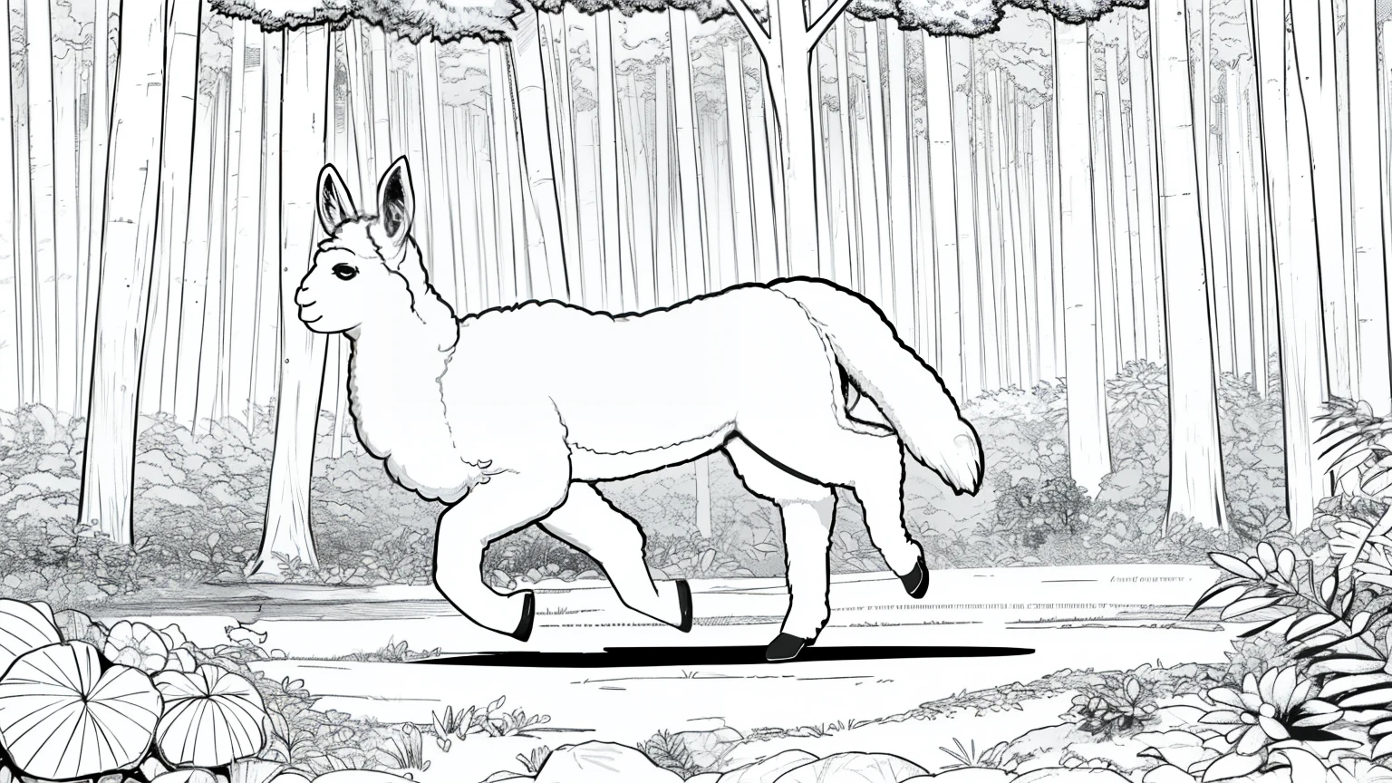 An cute alpaca walking in a forest, best quality, high resolution, detailed background, high contrast, line drawings, vibrant colors