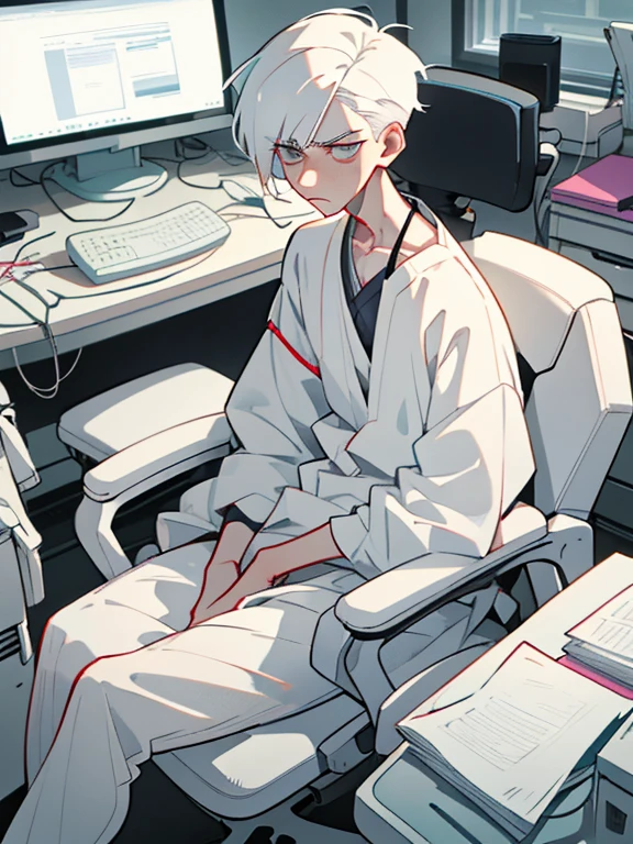 20 year old masculine man, of medium muscular build white hair and white eyes pale skin dressed in hospital clothes and looking sad sitting in an office chair 