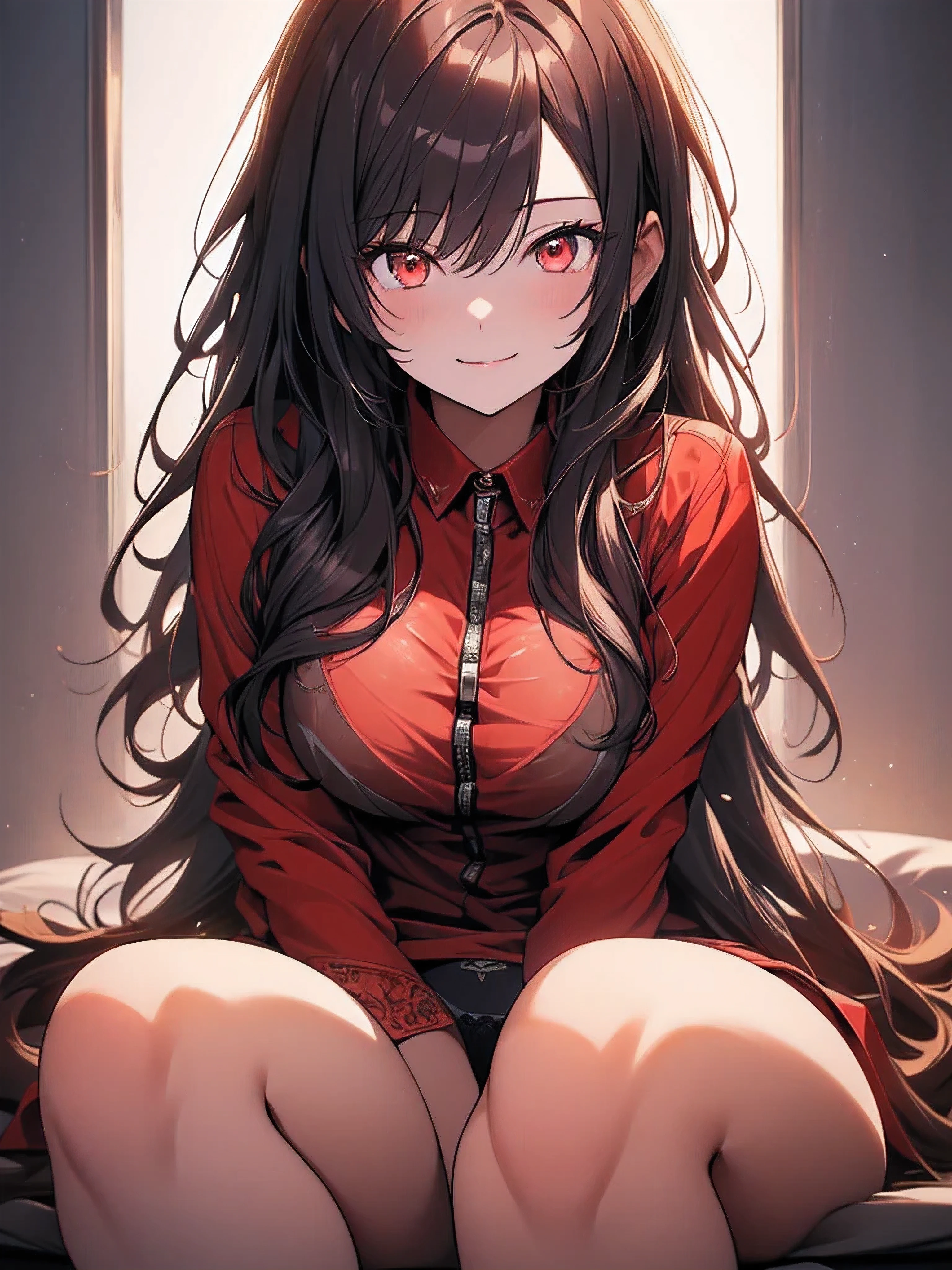 One Girl, (Red eyes:1.3),triumphant expression、View from above、Redhead, pubic hair, break (Red Shirt:1.5), (Black see-through underwear:1.3), Plain underwear, Huge breasts, naked, Exposed Skin,return, Hip, break (White Background:1.2), Red Theme、夜 break looking at viewer, break (masterpiece:1.2), highest quality, High resolution, unity 8k wallpaper, (shape:0.8), (Beautiful details:1.6), Highly detailed face, Perfect lighting, Highly detailed CG, (Perfect hands, Perfect Anatomy),,Anime Style、sketch、Eye contour、sit、sit、lie、Happy expression、From below