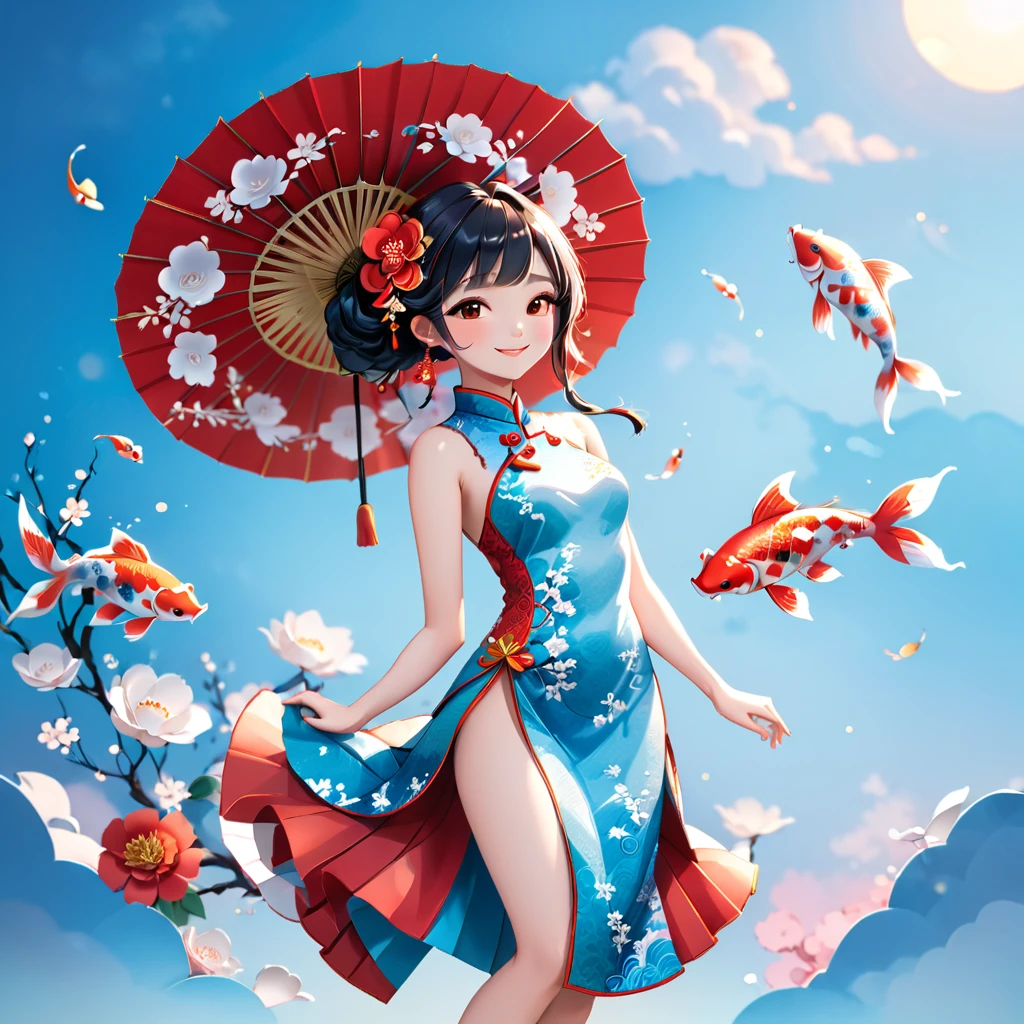 (paper art, Quilted paper art, 3D), (whole body:1.5),1 Cheongsam woman，Shy, fit，Perfect proportions，Exquisite hair accessories, Smile，Oriental elements，Simple background, China red，sky blue, (soft light, Bokeh)，Dancing with Koi